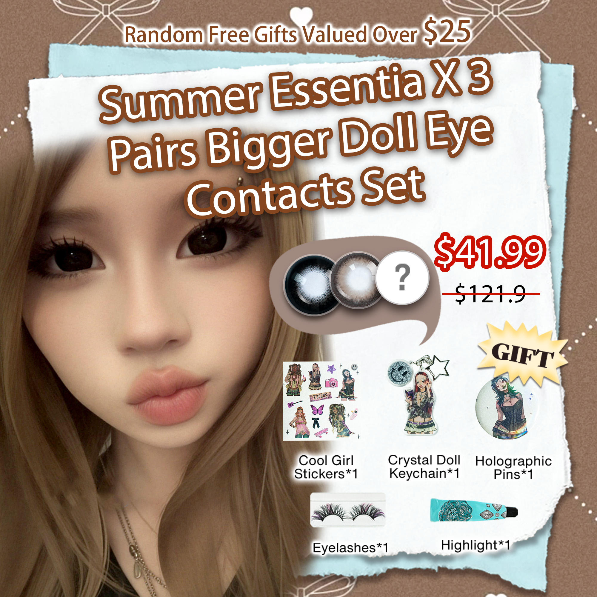 Summer Essentia X 3 Pairs Bigger Doll Eye Contacts Set | Natural | 16mm  (Customized✨)