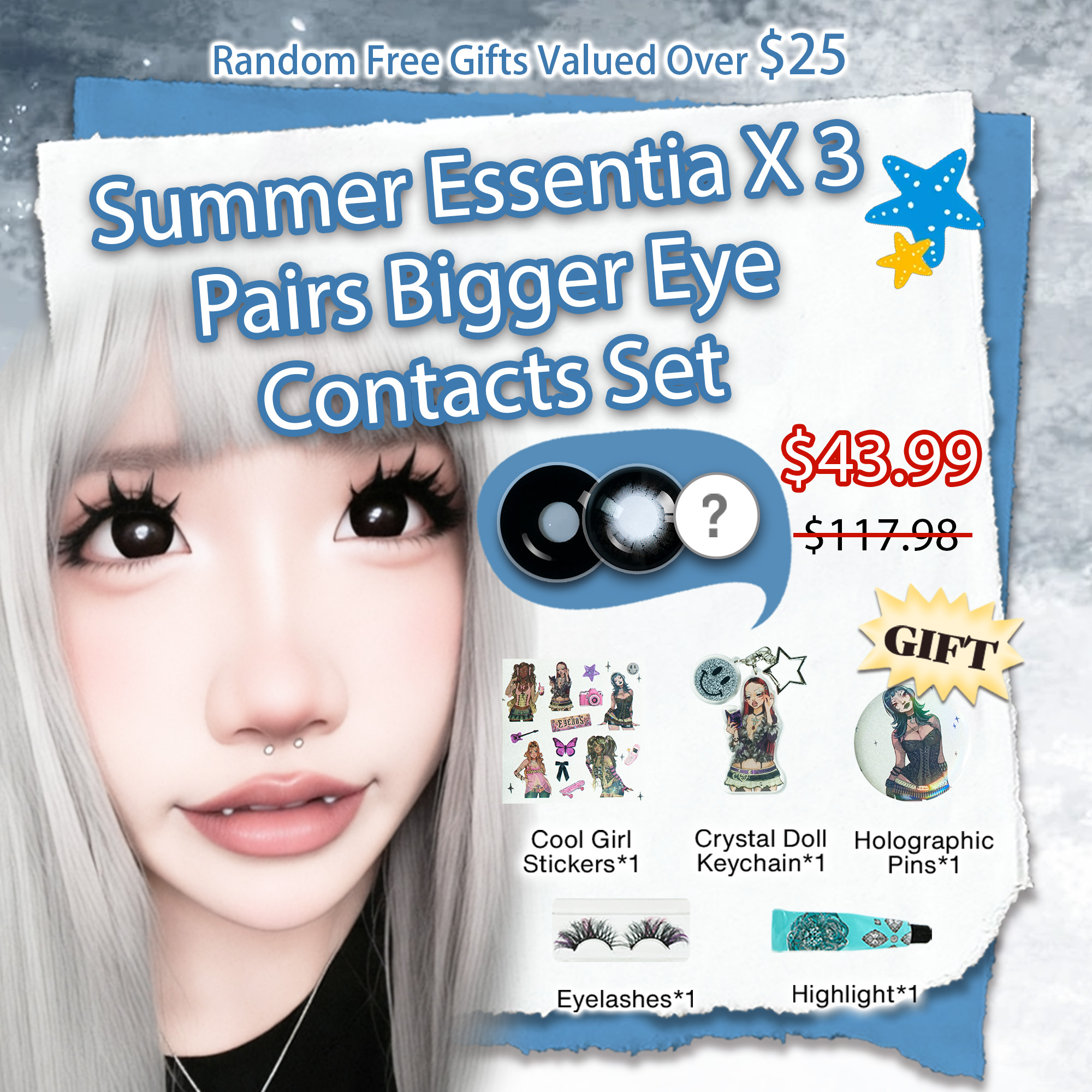 Summer Essentia X 3 Pairs Bigger Eye Contacts Set | Dolly | Enlarge | Black 17mm  (Customized✨)