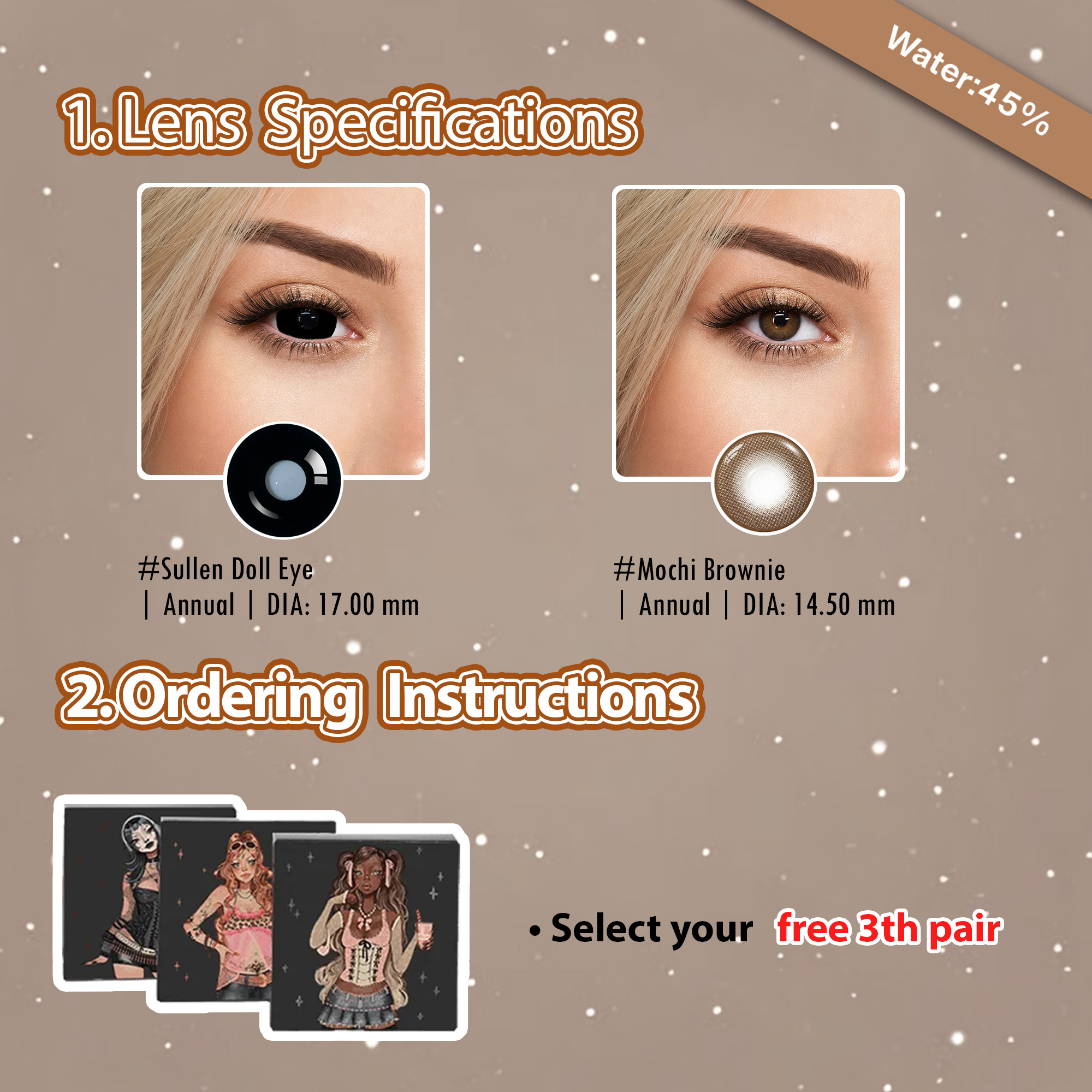 Summer Essentia X 3 Pairs Black Cute Eye Contacts Set  | Enlarge | 17mm  (Customized✨)