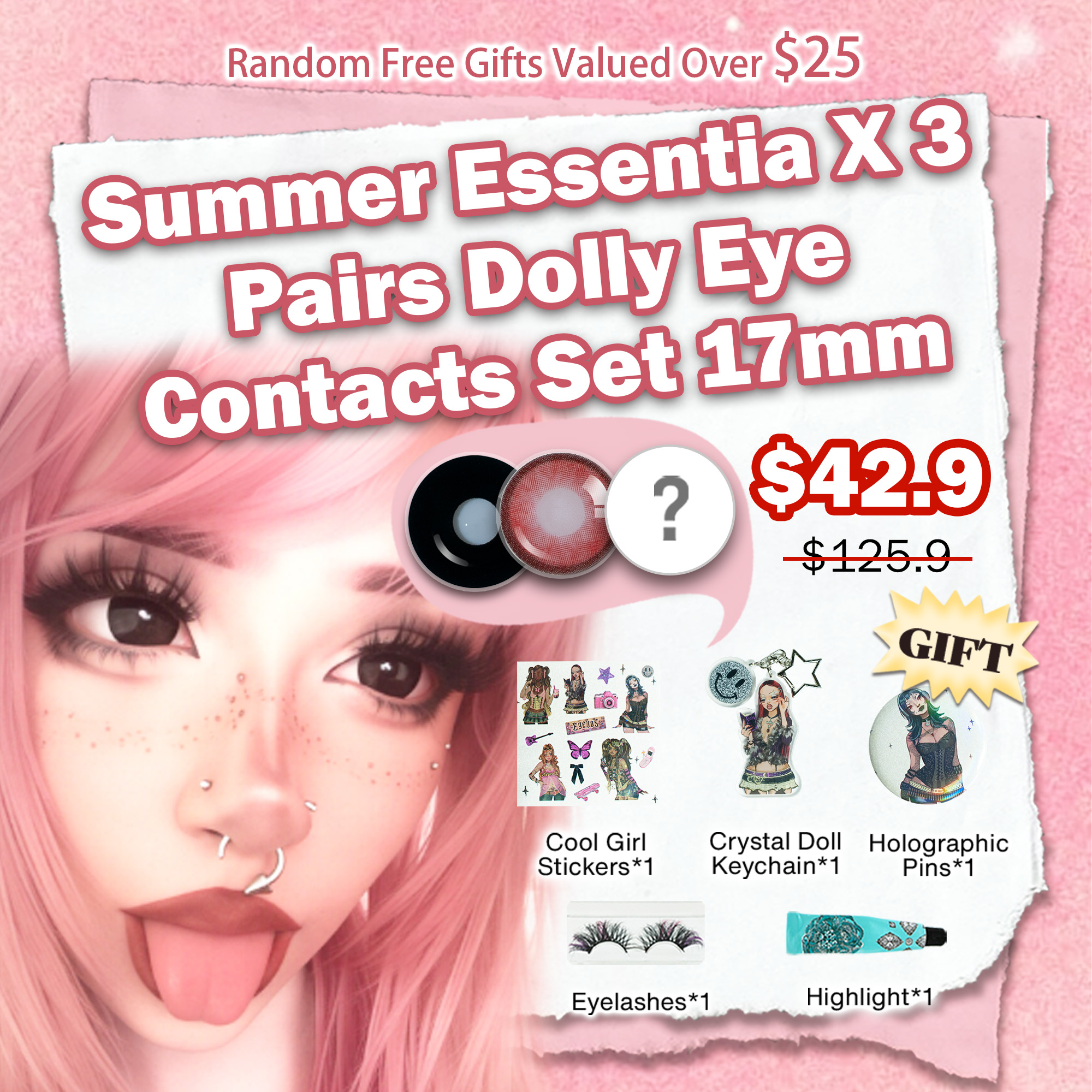 Summer Essentia X 3 Pairs Bigger Dolly Eye Contacts Set | Enlarge | Red 17mm (Customized✨)