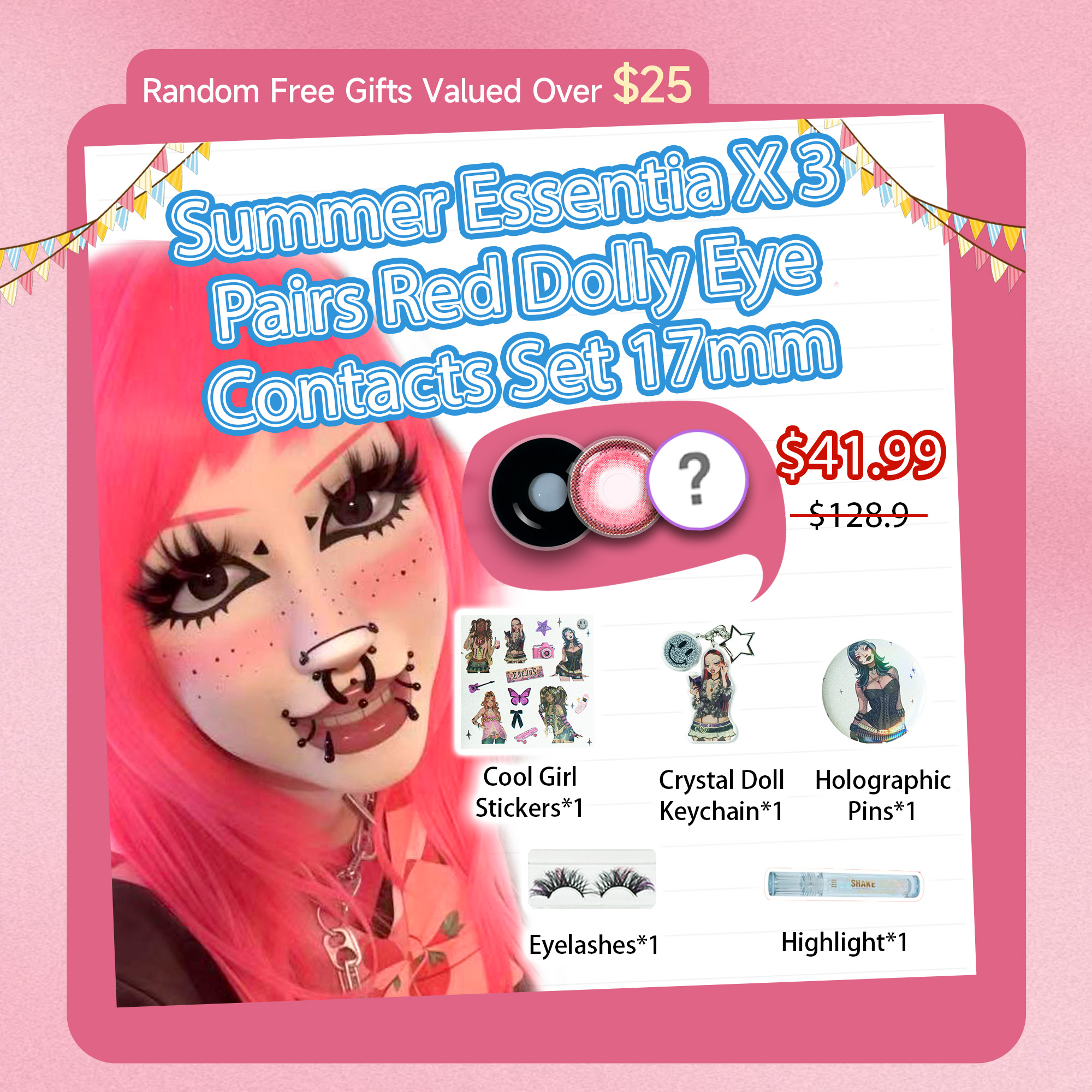 Summer Essentia X 3 Pairs Bigger Dolly Eye Contacts Set | Enlarge | Red 17mm (Customized✨)