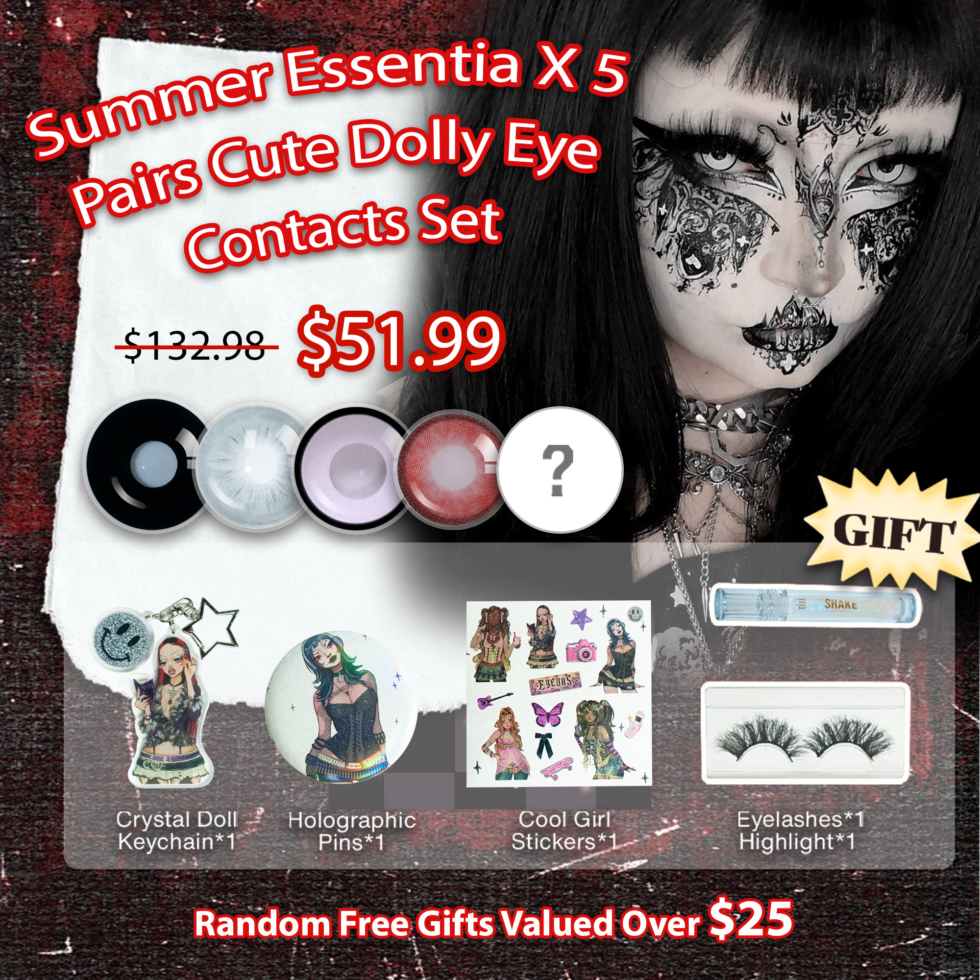 Summer Essentia X 5 Pairs Set Cute Dolly Eye Contacts Set | Black | Enlarge 17mm (Customized✨)
