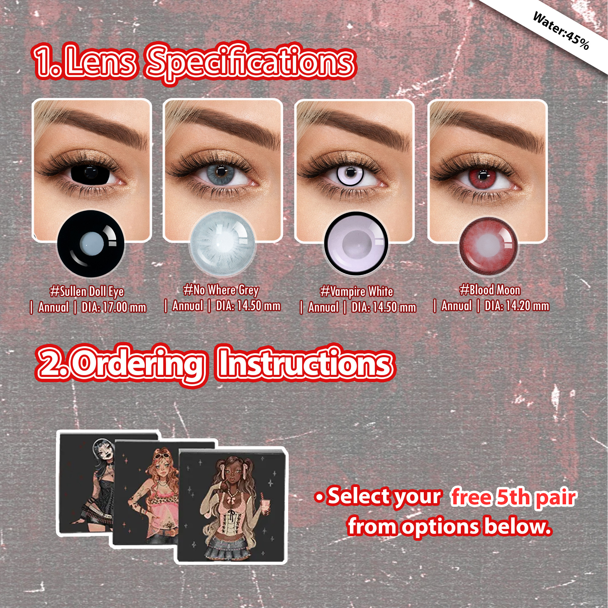 Summer Essentia X 5 Pairs Set Cute Dolly Eye Contacts Set | Black | Enlarge 17mm (Customized✨)