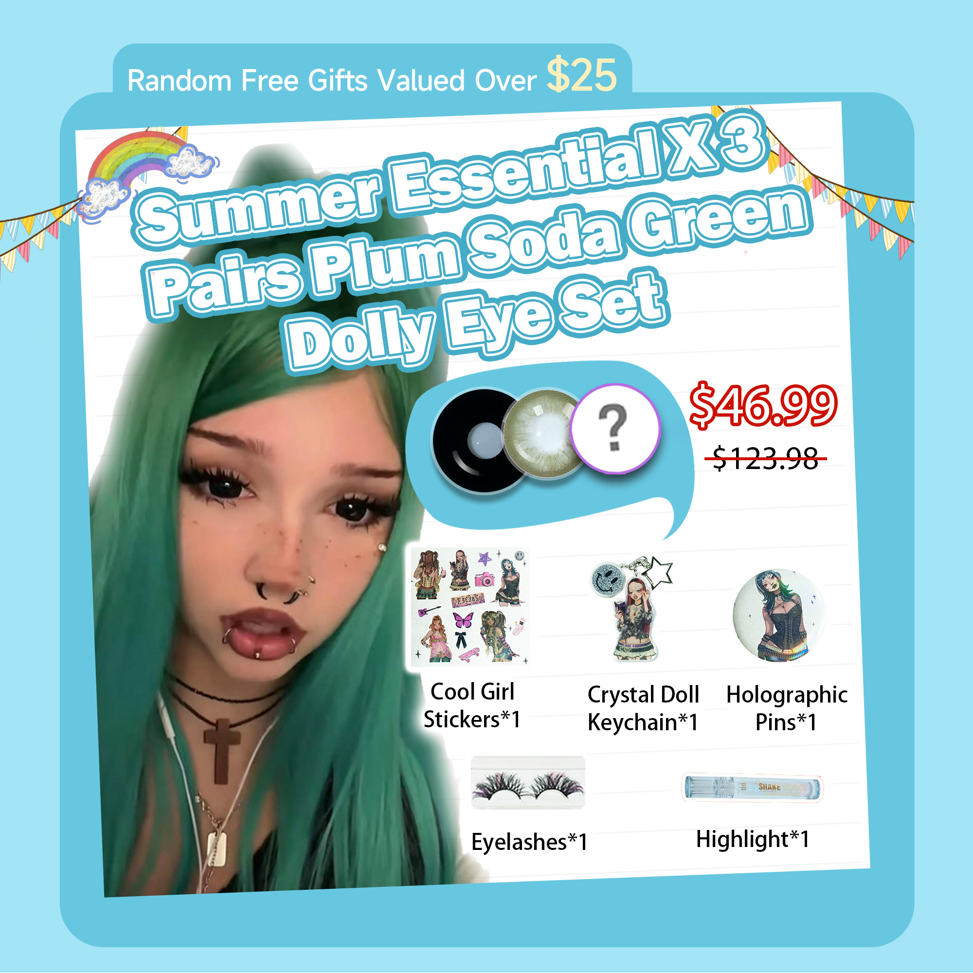 Summer Essentia X 3 Pairs Plum Soda Green Bigger Eye Set | Dolly | Enlarge | Green 17mm  (Customized✨)