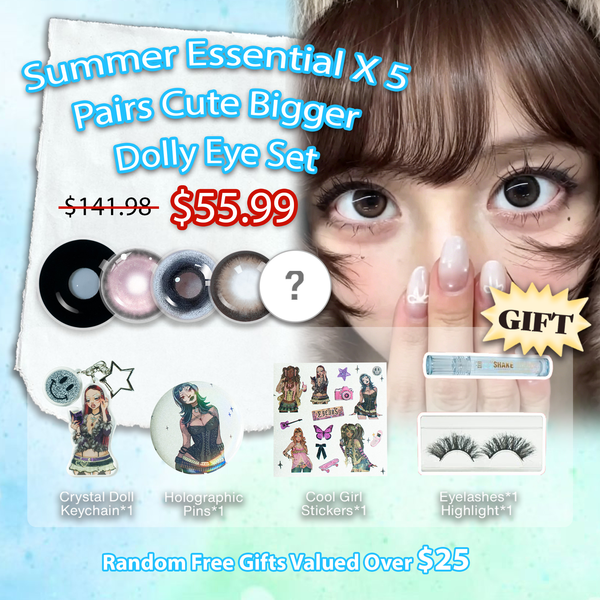 Summer Essentia X 5 Pairs Set | Cute Dolly Eye Set | Bigger | Black | Browns | Enlarge 17mm (Customized✨)