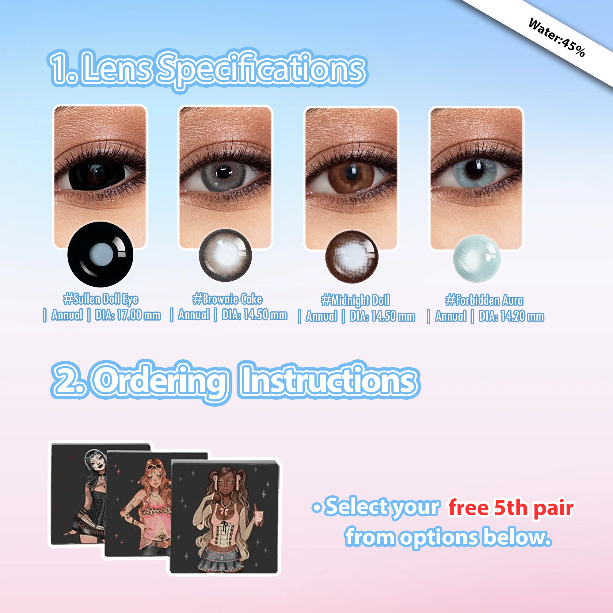 Summer Essential X 5 Pairs Enlarge Cute Doll Eye Contacts Set | Black |17mm (Customized✨）
