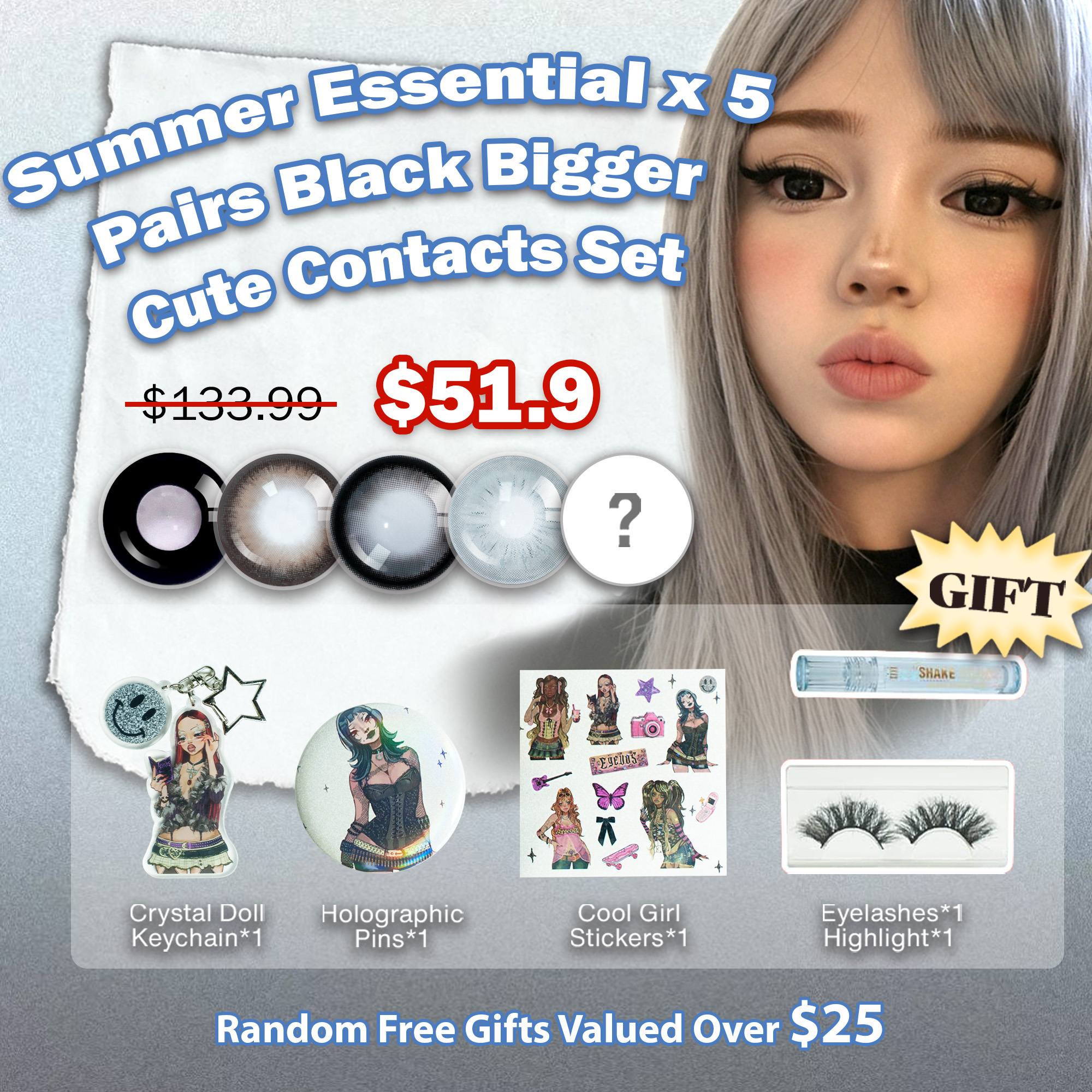 Summer Essential x 5 Pairs Bigger Cute Contacts Set  | Enlarge | 17mm (Customized✨)