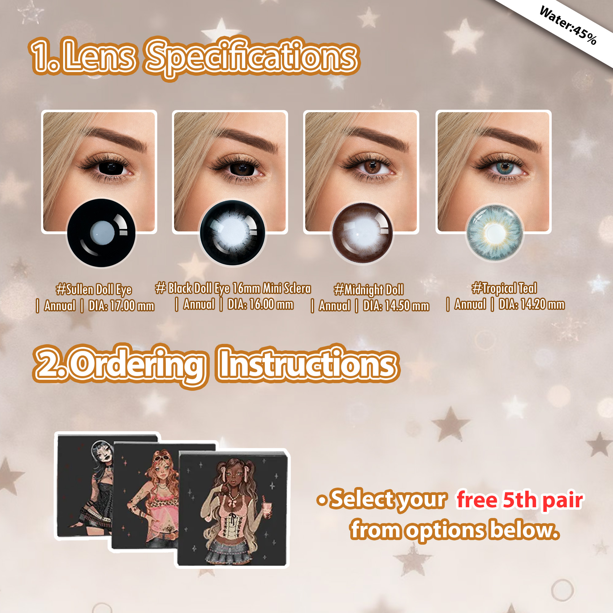 Summer Essential x 5 Pairs Black Dolly Contacts Set | Enlarge | 17mm (Customized✨)