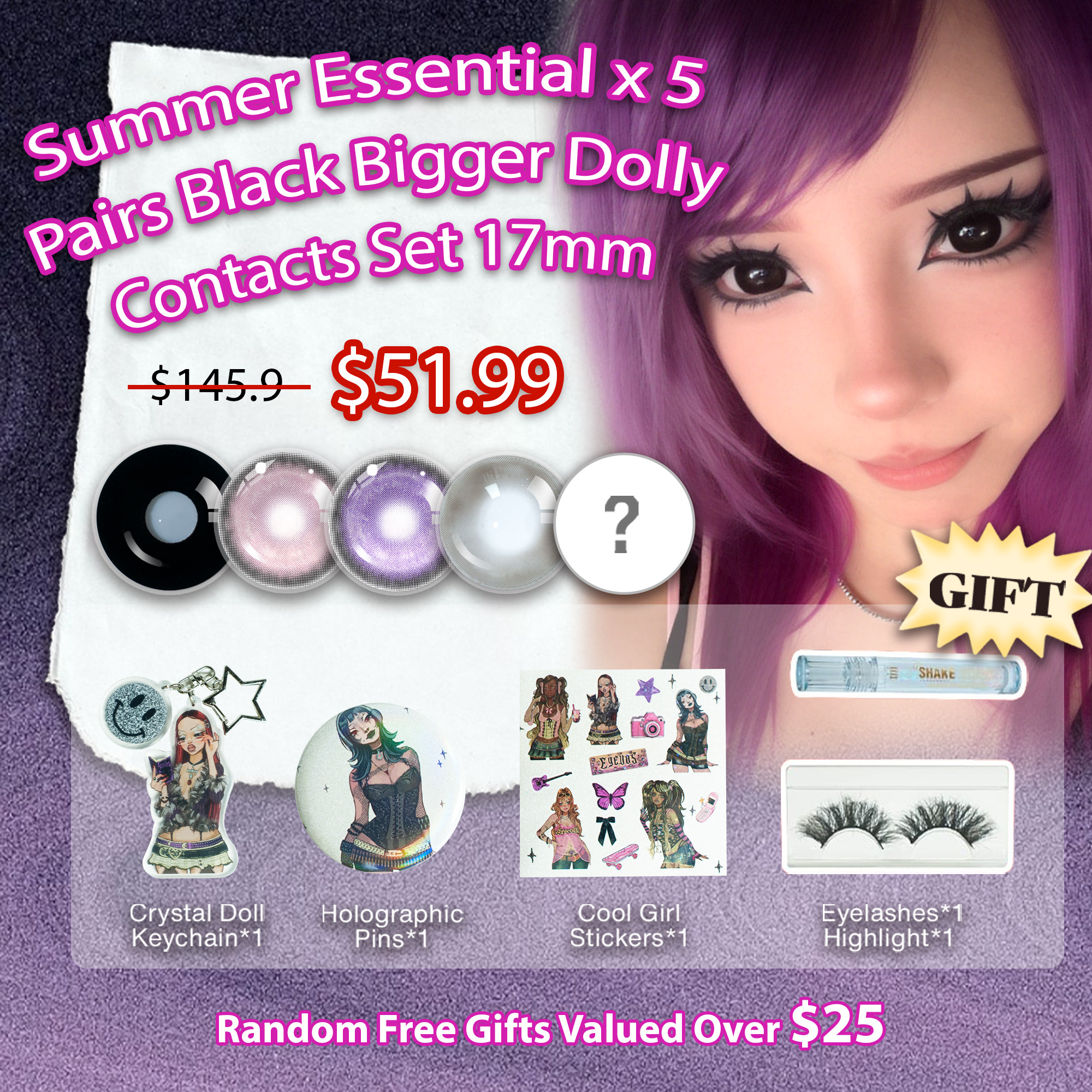 Summer Essential x 5 Pairs Black Bigger Dolly Contacts Set | Enlarge | 17mm (Customized✨)