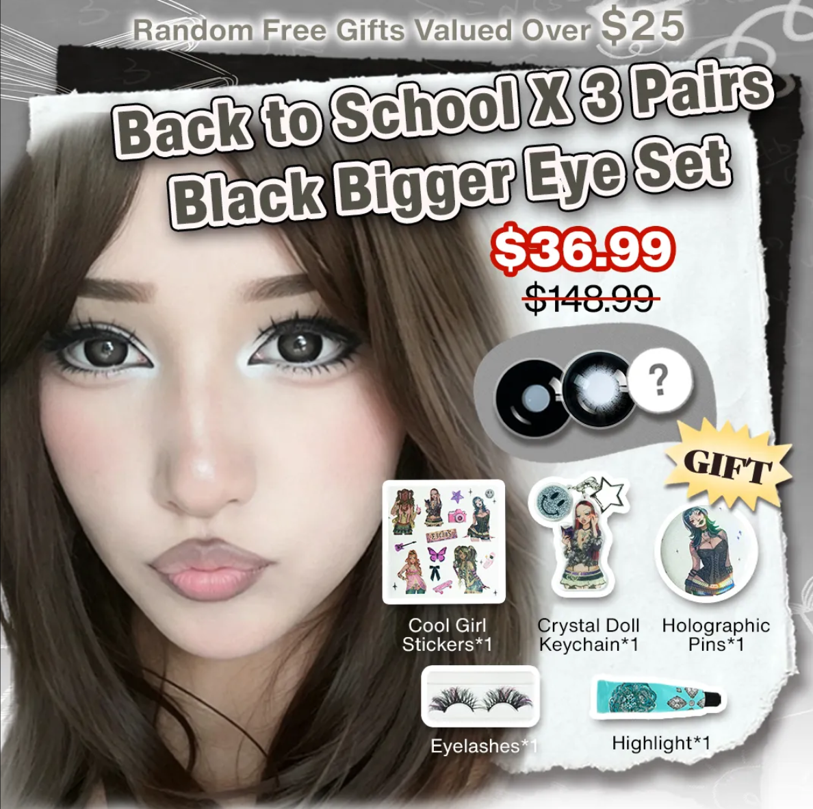 Back to School X 3 Pairs Black Bigger Eye Set | Enlarge 17mm (Customized✨)