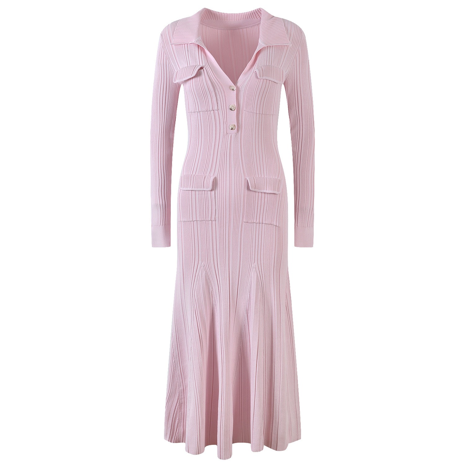 Women's pink knitted medium-length dress senior sense of fashion temperament polo collar waist-skimming long dress