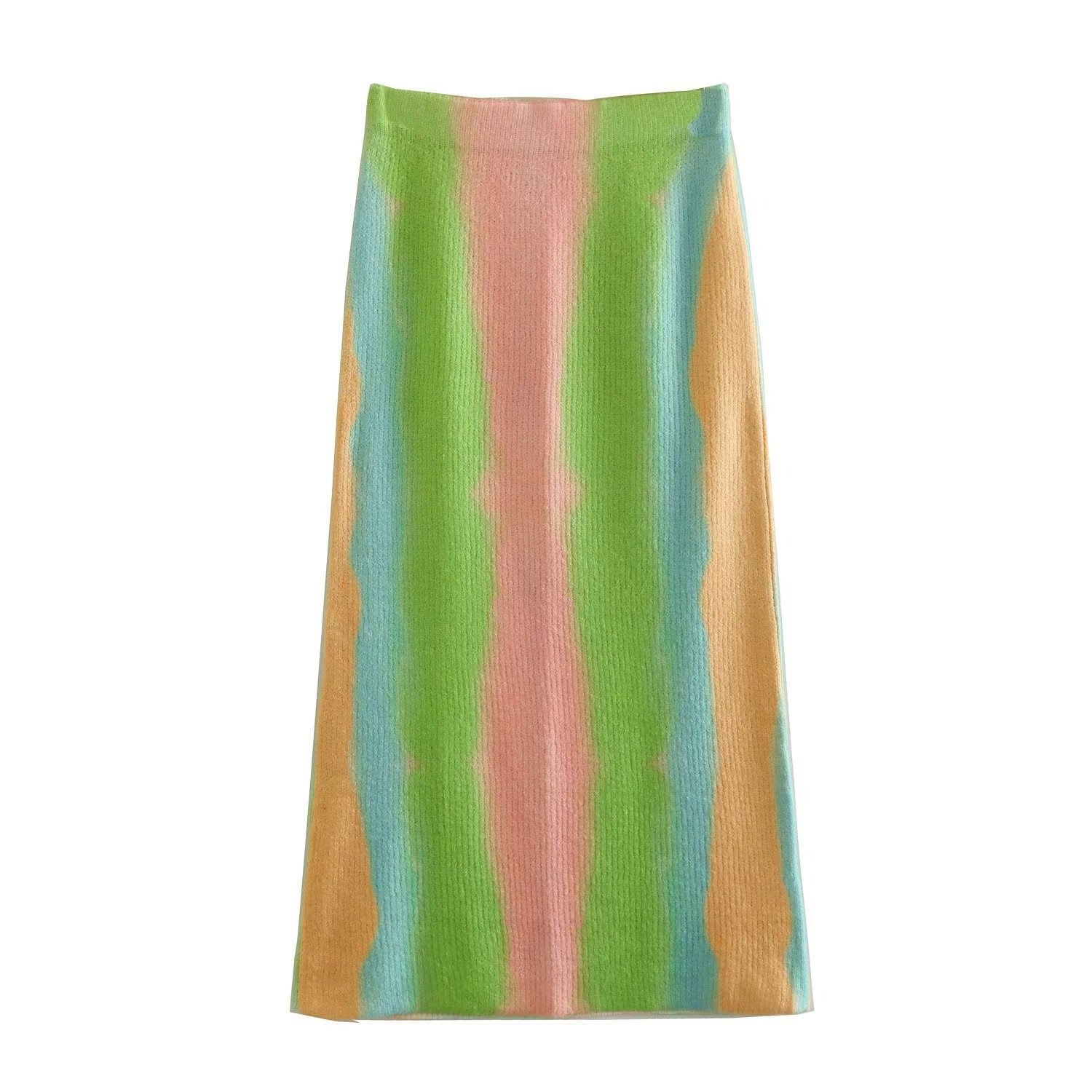 Women Fashion Rainbow Striped Knitting Straight Skirt