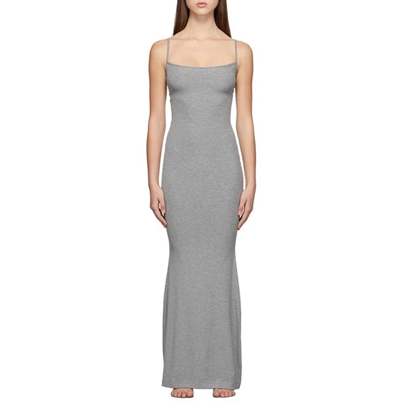 Solid color knitted screw thread suspenders tight fishtail long dress sexy slim package hip dragged dresses for women