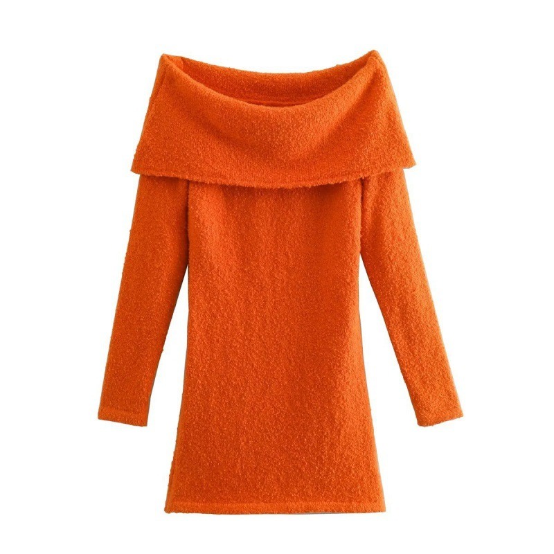 Women Sexy Off Shoulder Slash Neck Knitting Orange Mini Dress Female Long Sleeve