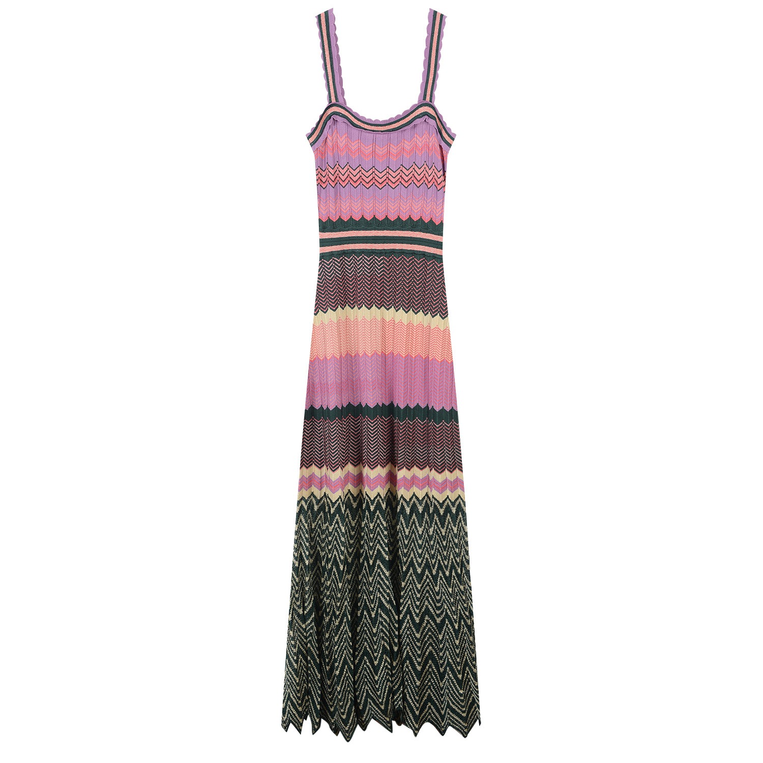 Colorful Ripple Skirt Spring/Summer New Hanging Strap Knitted Ethnic Style Mid length Skirt Women's Hundred Pleated Printed Contrast Color Dress