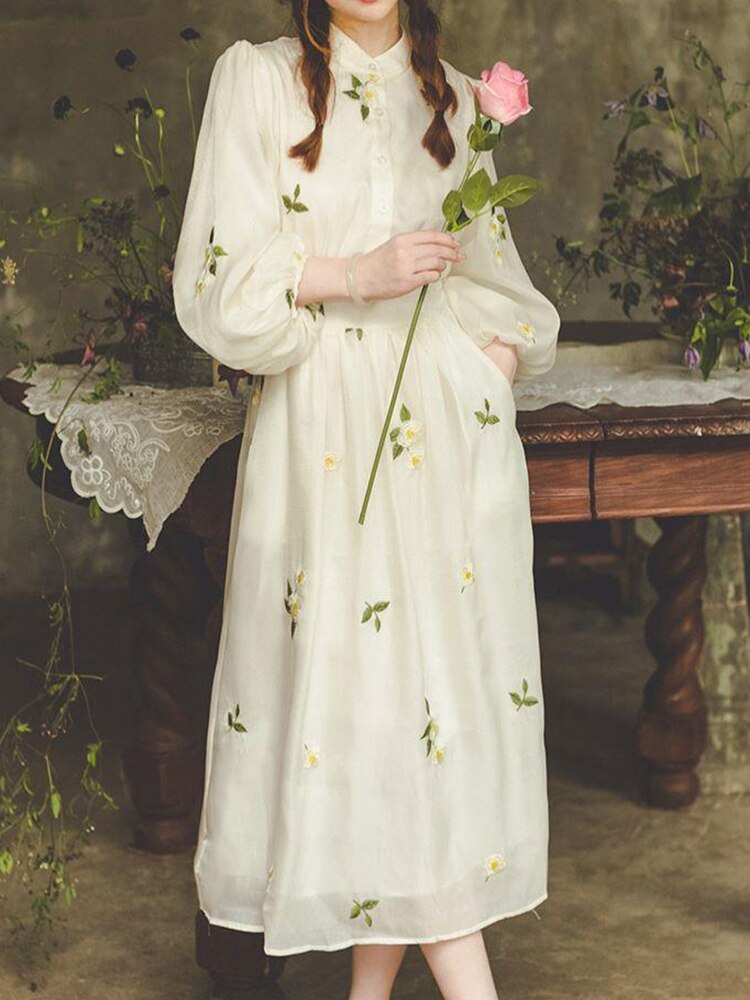 Elegant Print Dresses For Women Stand Collar Lantern Sleeve Single Breasted High Waist Vintage Hit Color Dress