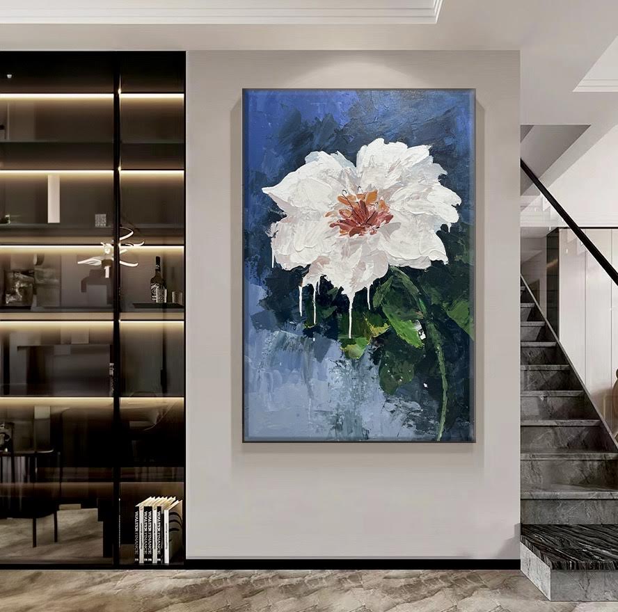 abstract white flower wall art-textured painting-oil paint