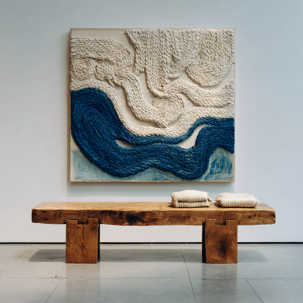 Blue & Cream Woven Fiber Art Wall Hanging: Modern Boho Decor