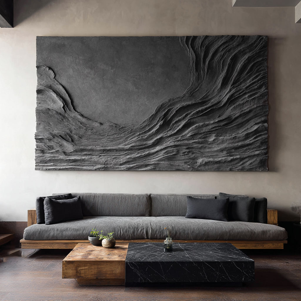 3D Abstract Wood Wall Art: Handmade Black Textured Sculpture
