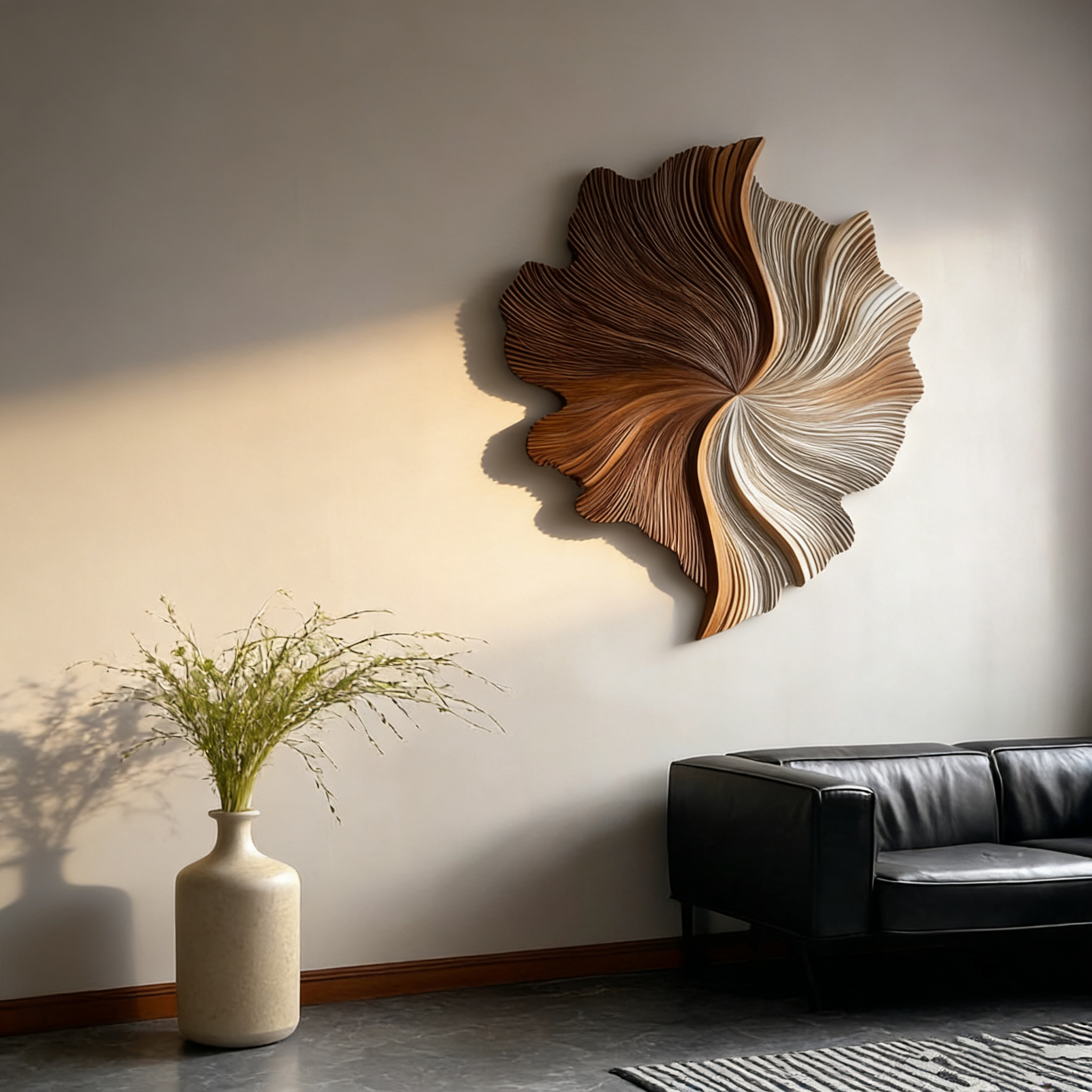 Large 3D Wood Wall Art Sculpture – Modern Organic Leaf Wall Hanging in Neutral Brown & Beige – Abstract Textured Wall Decor for Living Room