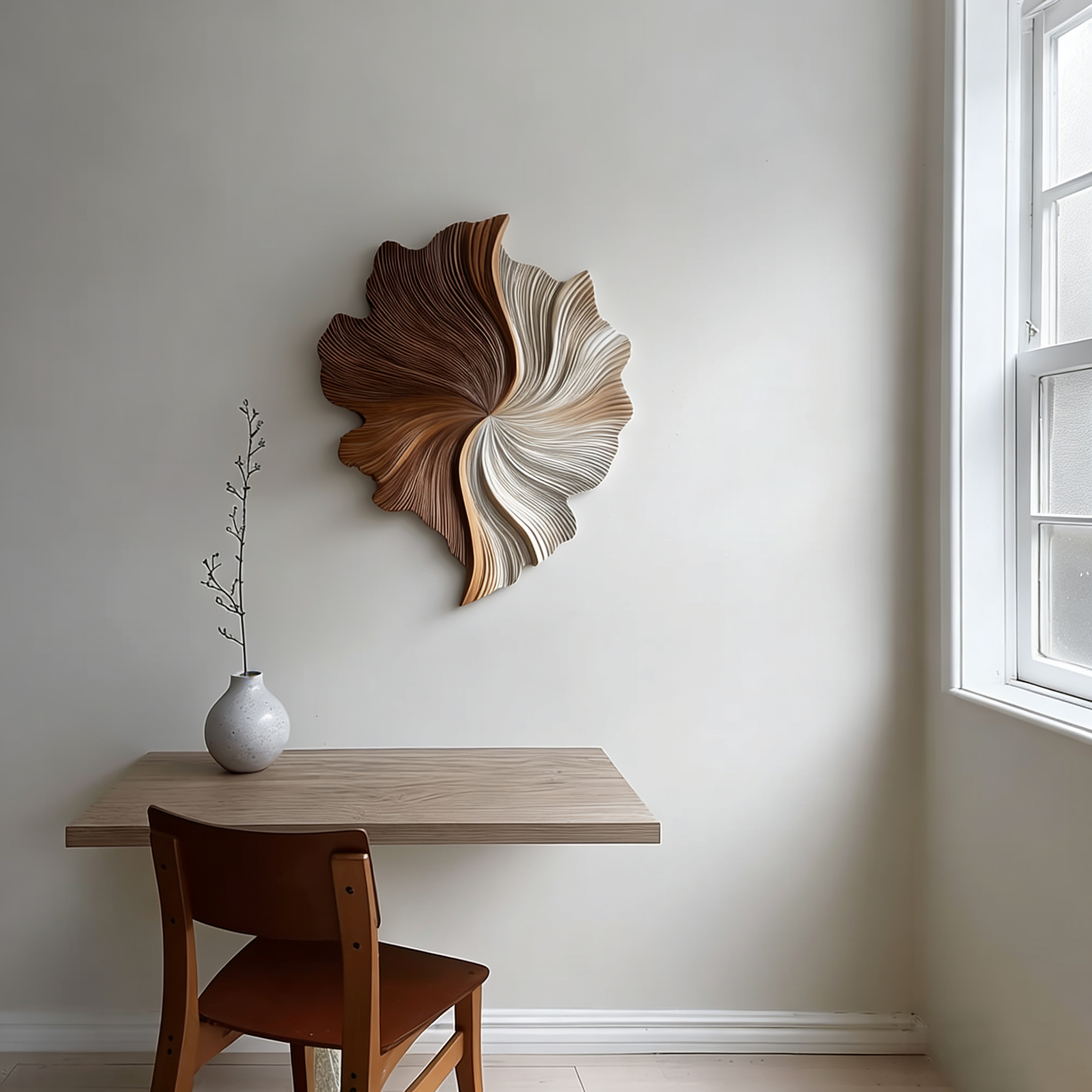 Large 3D Wood Wall Art Sculpture – Modern Organic Leaf Wall Hanging in Neutral Brown & Beige – Abstract Textured Wall Decor for Living Room