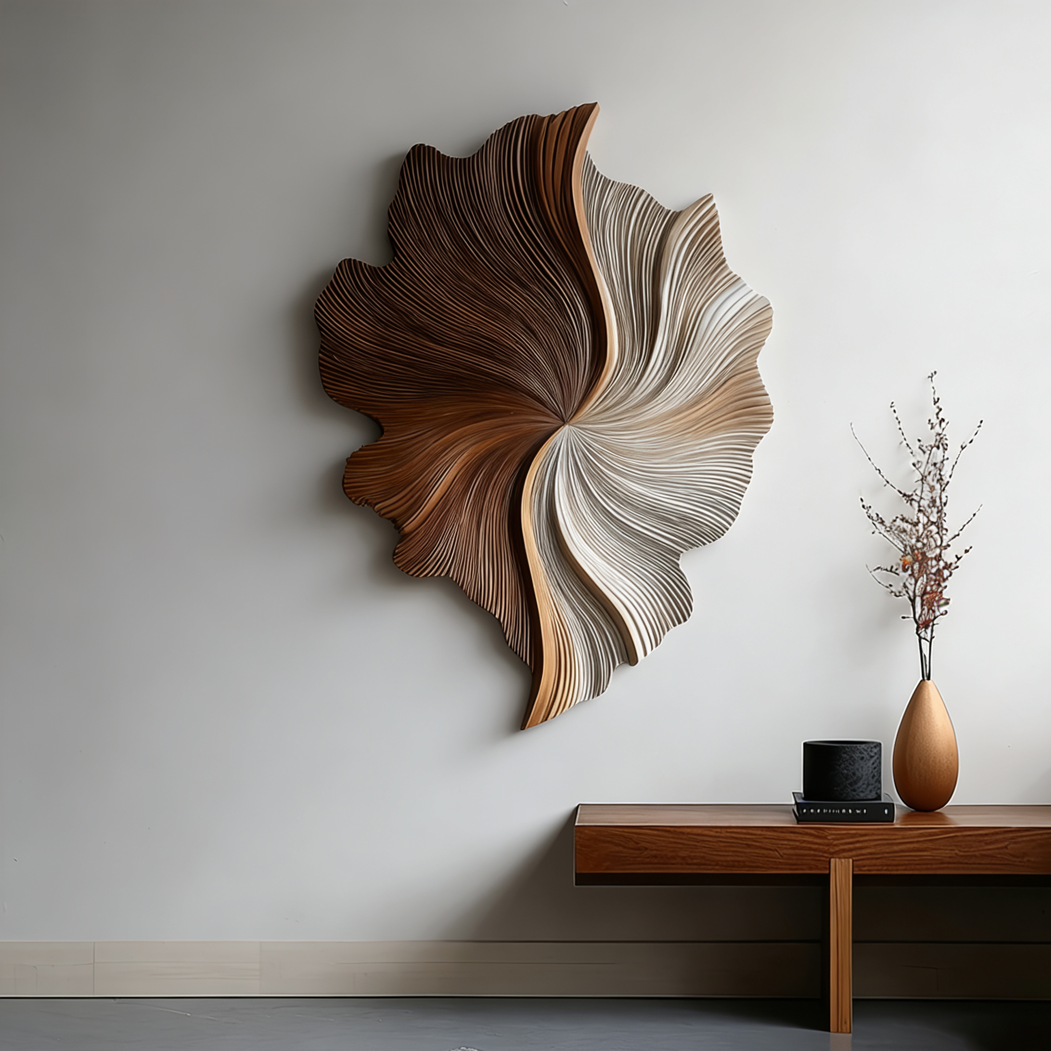 Large 3D Wood Wall Art Sculpture – Modern Organic Leaf Wall Hanging in Neutral Brown & Beige – Abstract Textured Wall Decor for Living Room