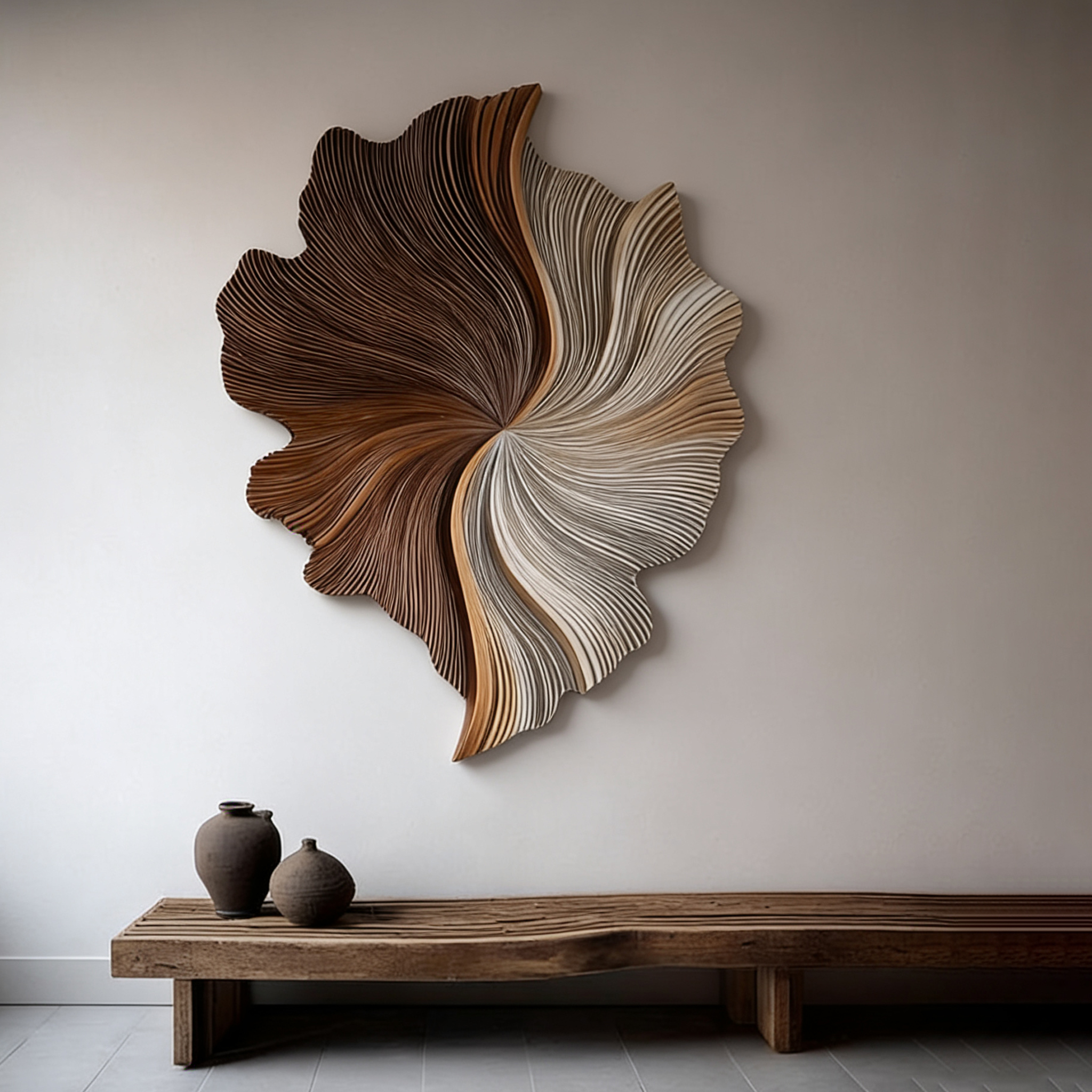 Large 3D Wood Wall Art Sculpture – Modern Organic Leaf Wall Hanging in Neutral Brown & Beige – Abstract Textured Wall Decor for Living Room