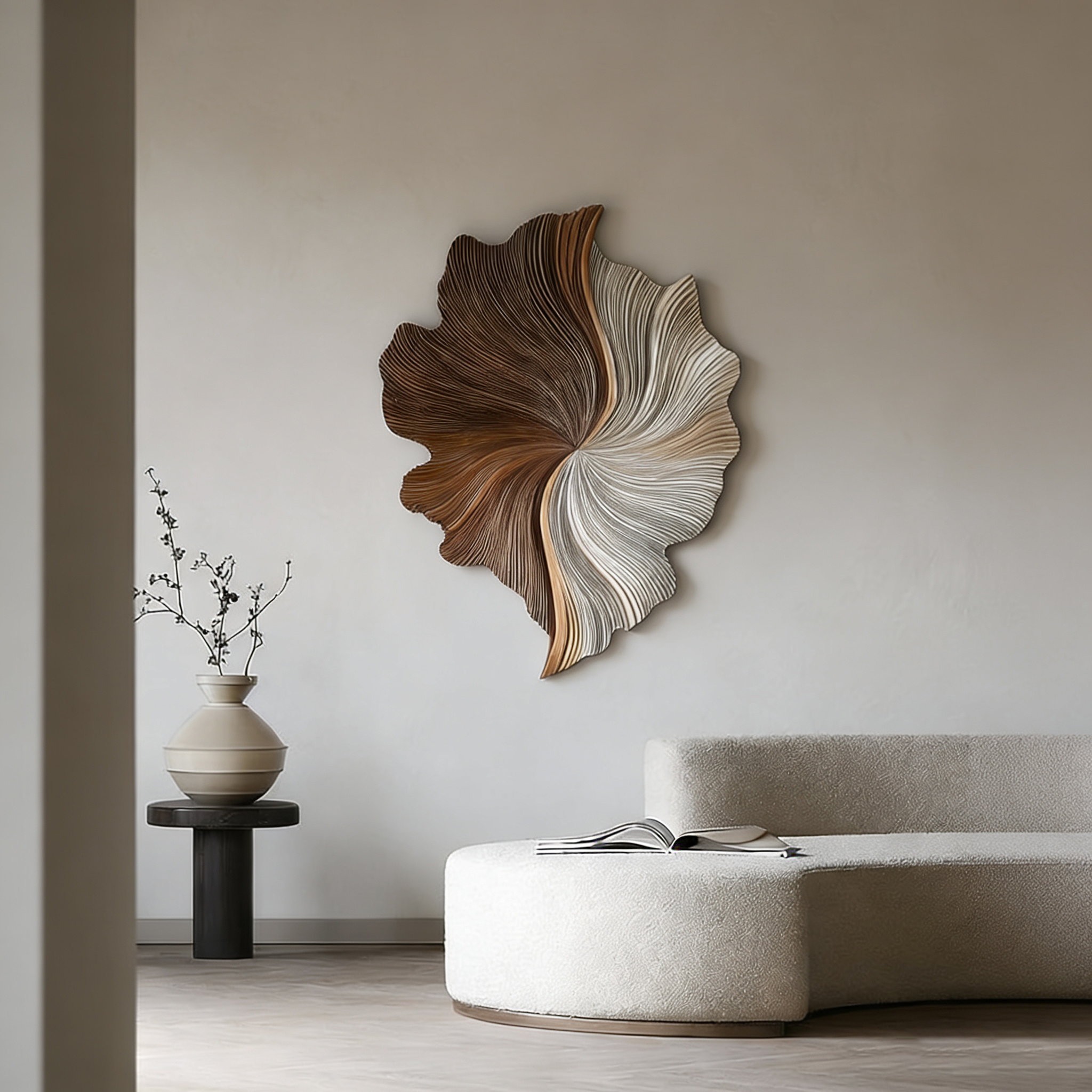 Large 3D Wood Wall Art Sculpture – Modern Organic Leaf Wall Hanging in Neutral Brown & Beige – Abstract Textured Wall Decor for Living Room