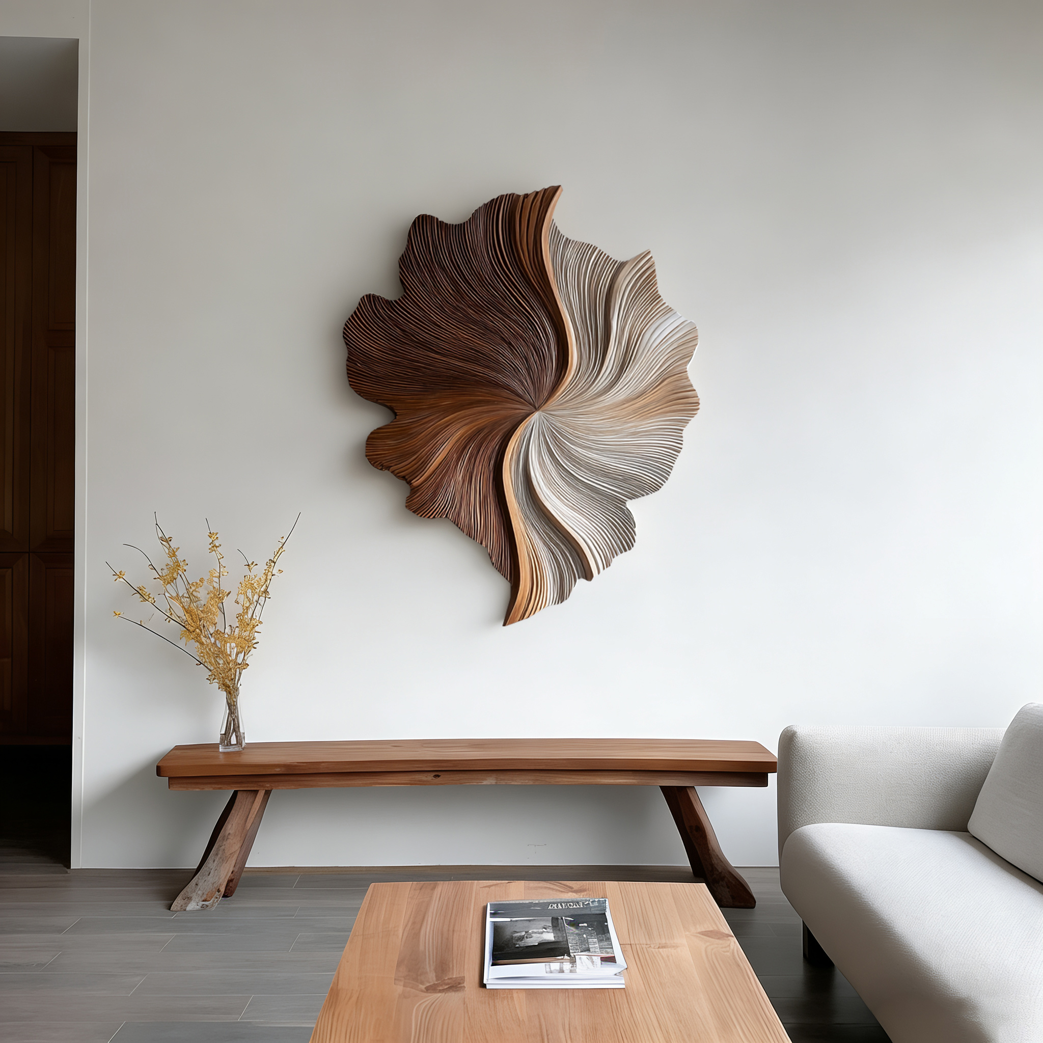 Large 3D Wood Wall Art Sculpture – Modern Organic Leaf Wall Hanging in Neutral Brown & Beige – Abstract Textured Wall Decor for Living Room