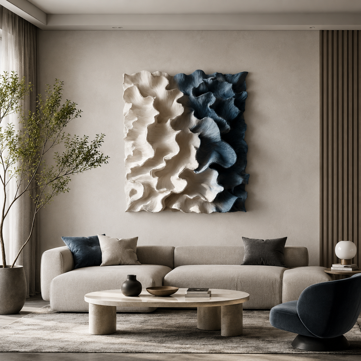 3D Wood Wall Art, Organic Modern Wall Sculpture, Blue Textured Wooden Artwork, Large Contemporary Decor