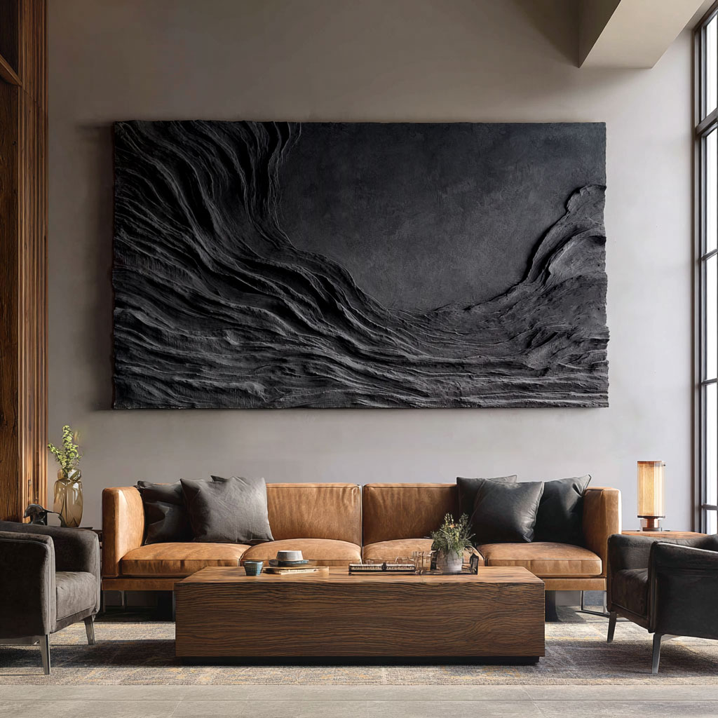 3D Abstract Wood Wall Art: Handmade Black Textured Sculpture