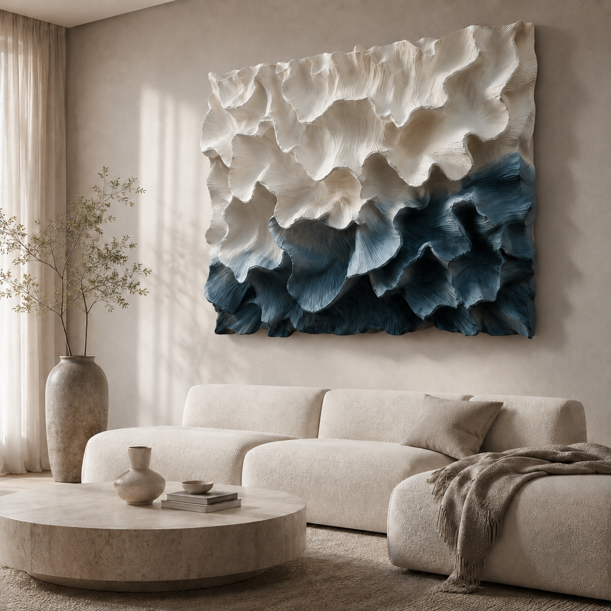 3D Wood Wall Art, Organic Modern Wall Sculpture, Blue Textured Wooden Artwork, Large Contemporary Decor