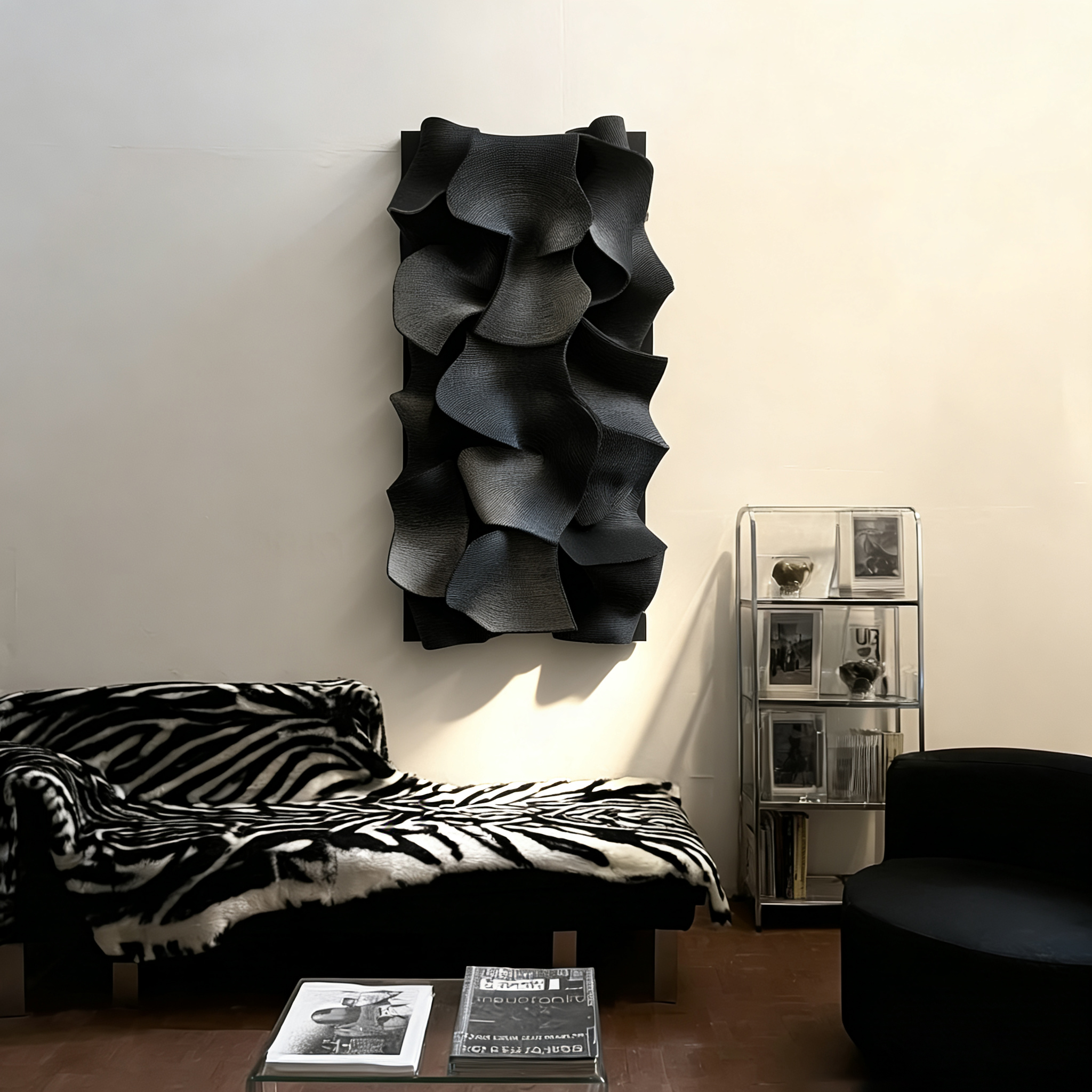 Black Leather 3D Wall Art Sculpture – Modern Textured Abstract Wall Decor for Living Room & Bedroom