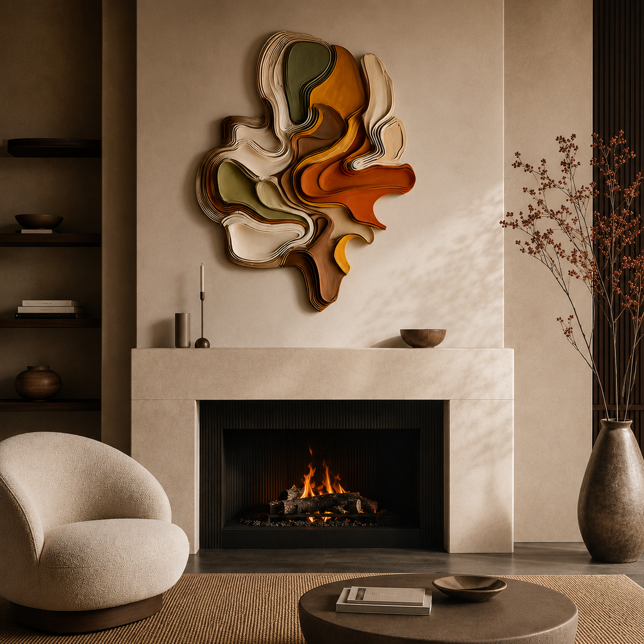 Large Abstract Wood Wall Art, 3D Wooden Wall Sculpture, Modern Organic Wall Decor, Minimalist Artwork, Textured Neutral Living Room Decor