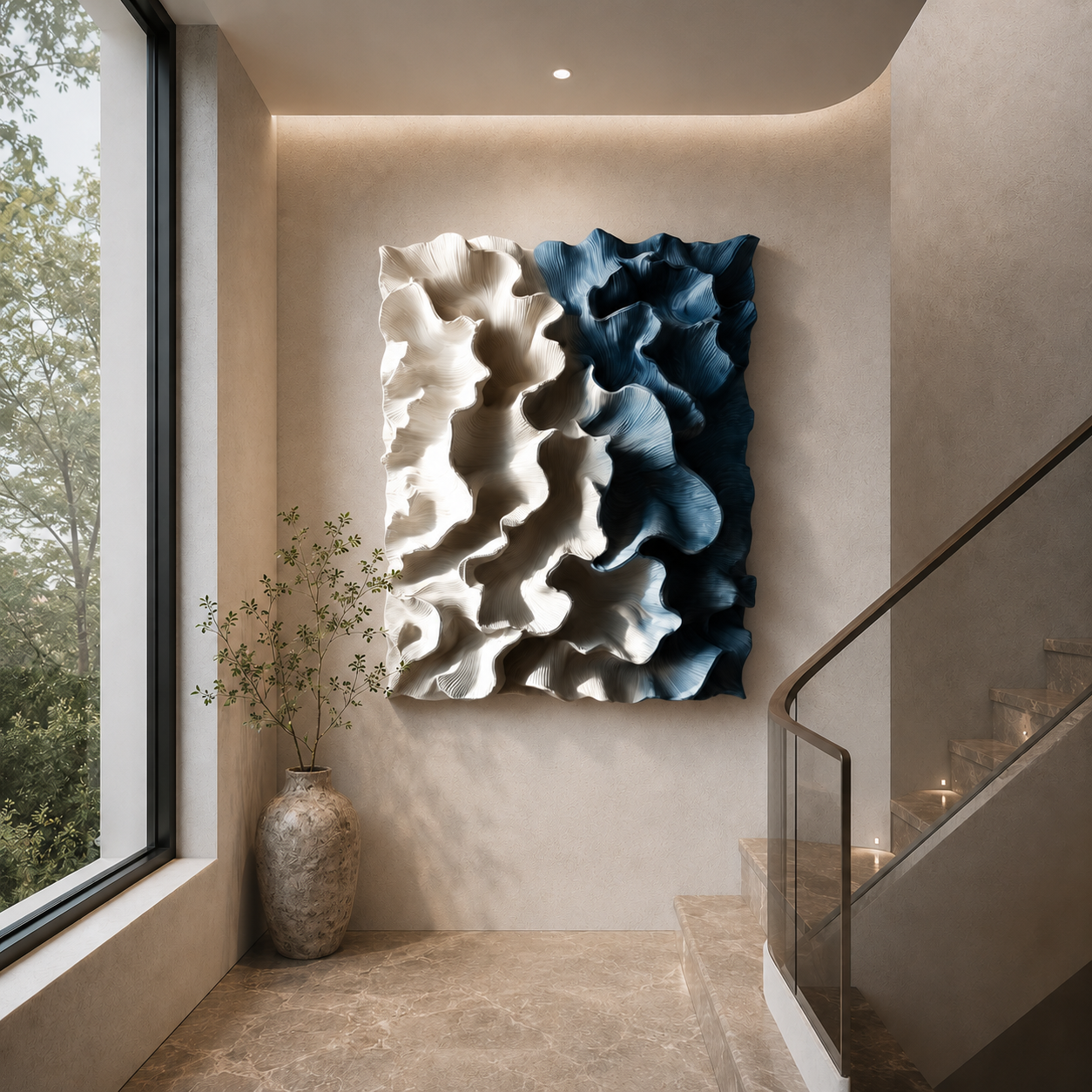 3D Wood Wall Art, Organic Modern Wall Sculpture, Blue Textured Wooden Artwork, Large Contemporary Decor
