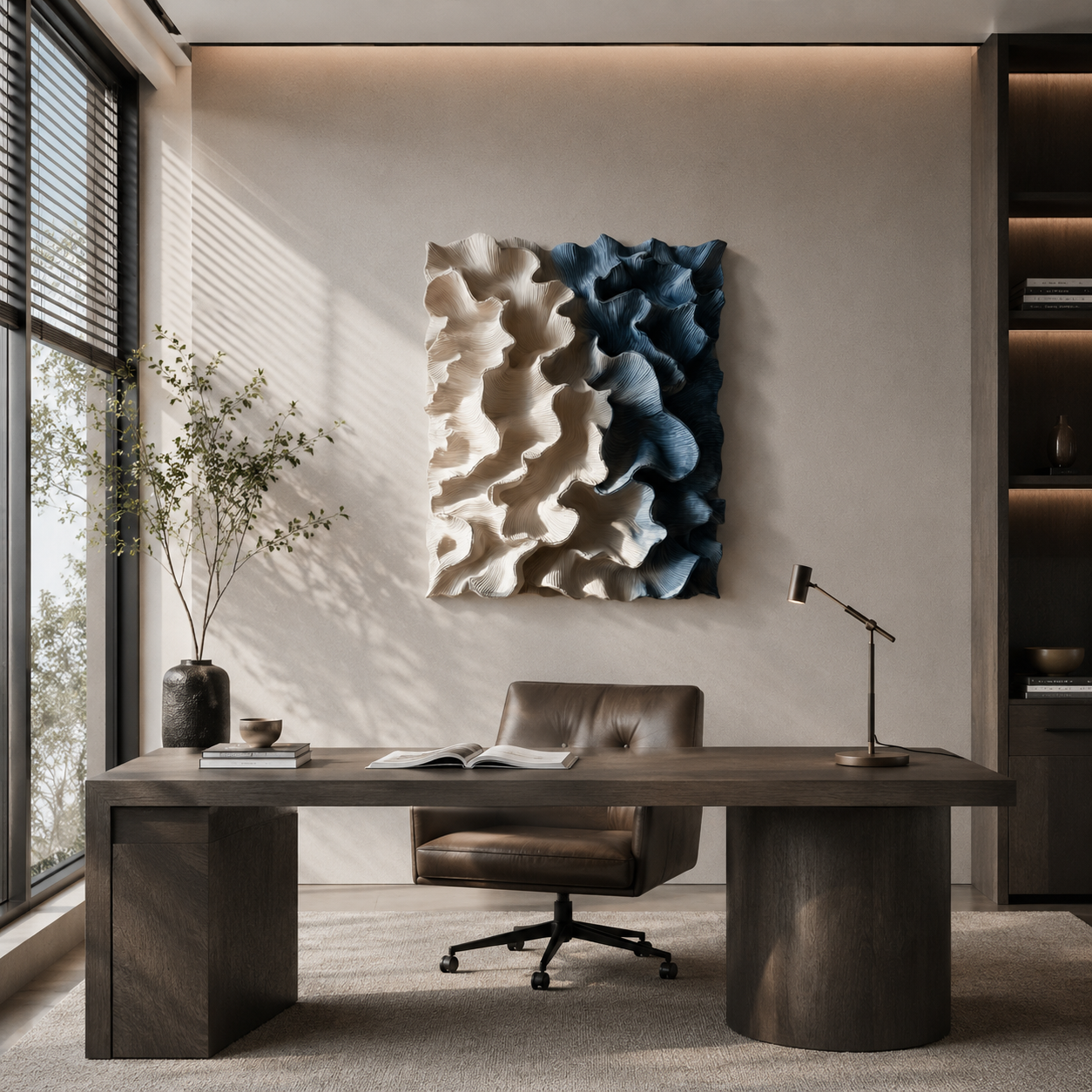 3D Wood Wall Art, Organic Modern Wall Sculpture, Blue Textured Wooden Artwork, Large Contemporary Decor