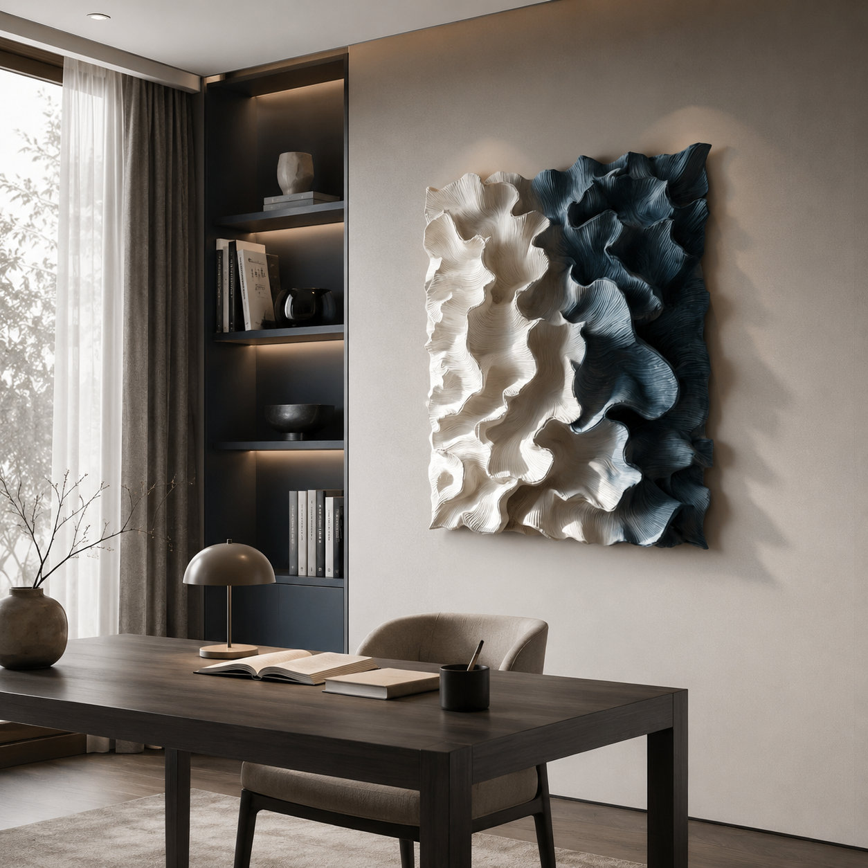 3D Wood Wall Art, Organic Modern Wall Sculpture, Blue Textured Wooden Artwork, Large Contemporary Decor