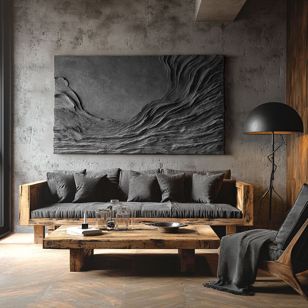 3D Abstract Wood Wall Art: Handmade Black Textured Sculpture
