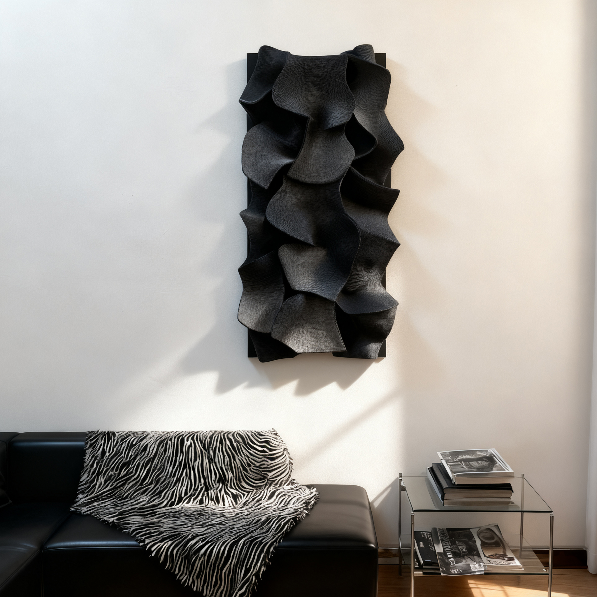 Black Leather 3D Wall Art Sculpture – Modern Textured Abstract Wall Decor for Living Room & Bedroom