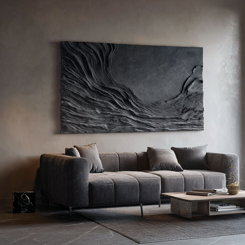 3D Abstract Wood Wall Art: Handmade Black Textured Sculpture