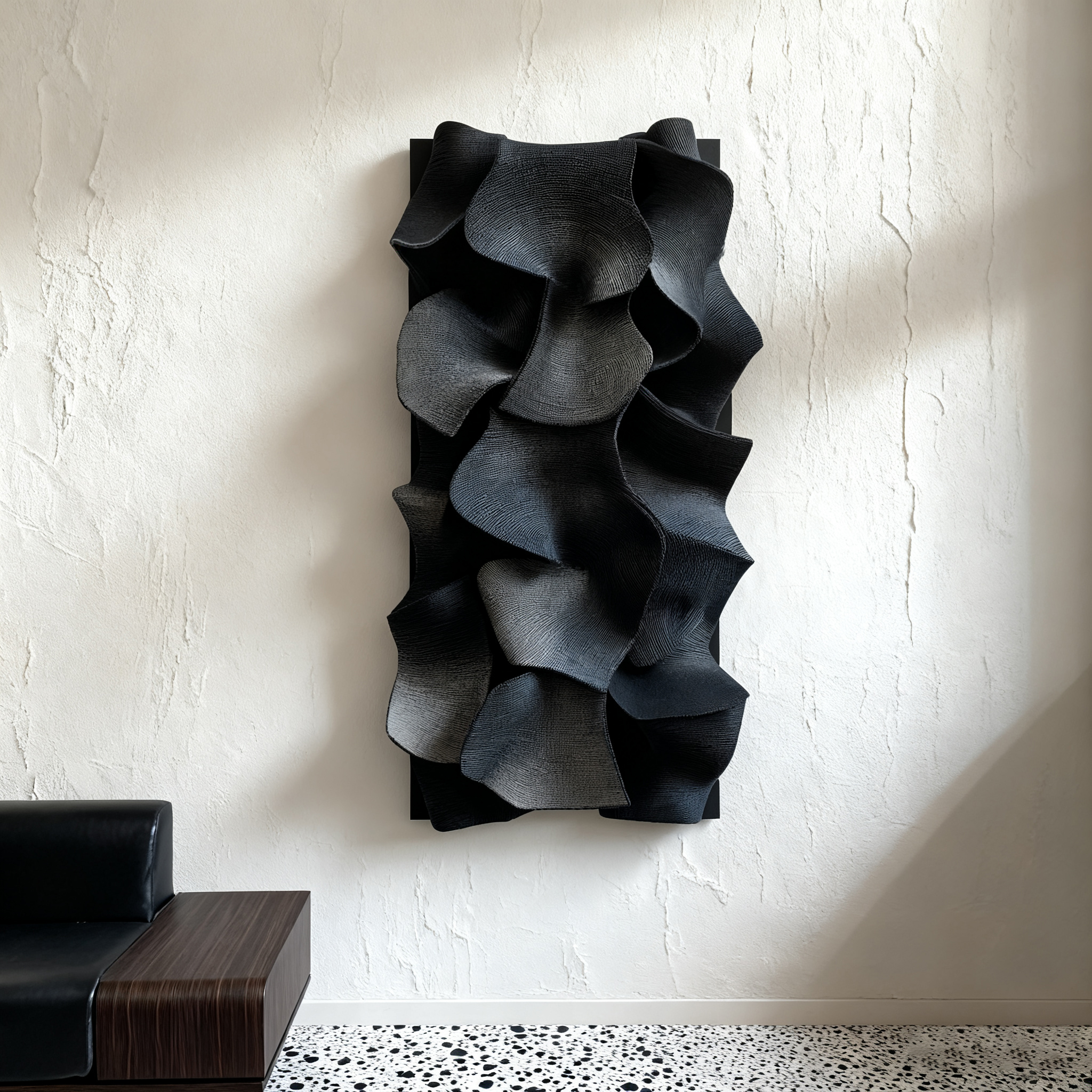 Black Leather 3D Wall Art Sculpture – Modern Textured Abstract Wall Decor for Living Room & Bedroom