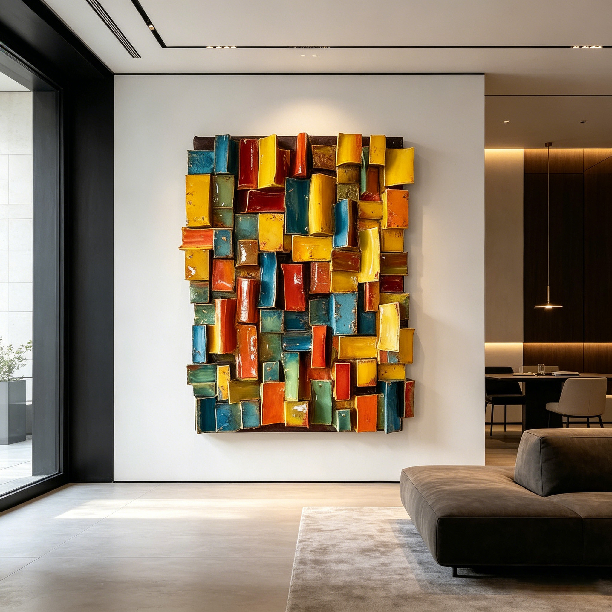 Modern Ceramic Wall Art, Textured Abstract Wall Sculpture, Handmade Colorful Tile Wall Decor, 3D Geometric Wall Hanging, Unique Home Accent