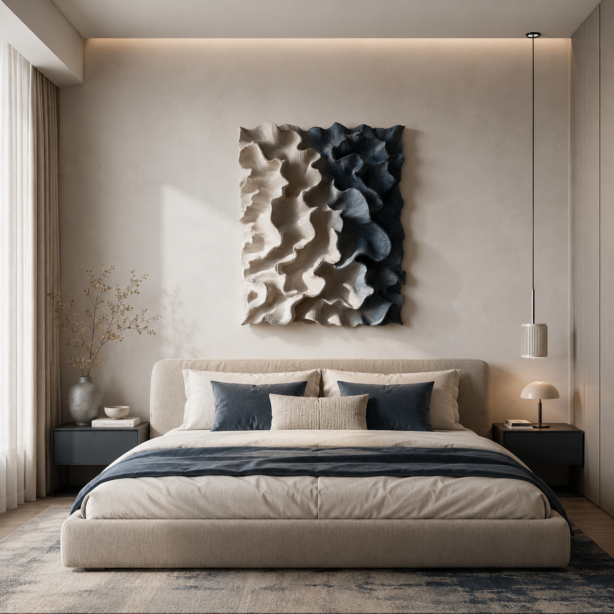 3D Wood Wall Art, Organic Modern Wall Sculpture, Blue Textured Wooden Artwork, Large Contemporary Decor
