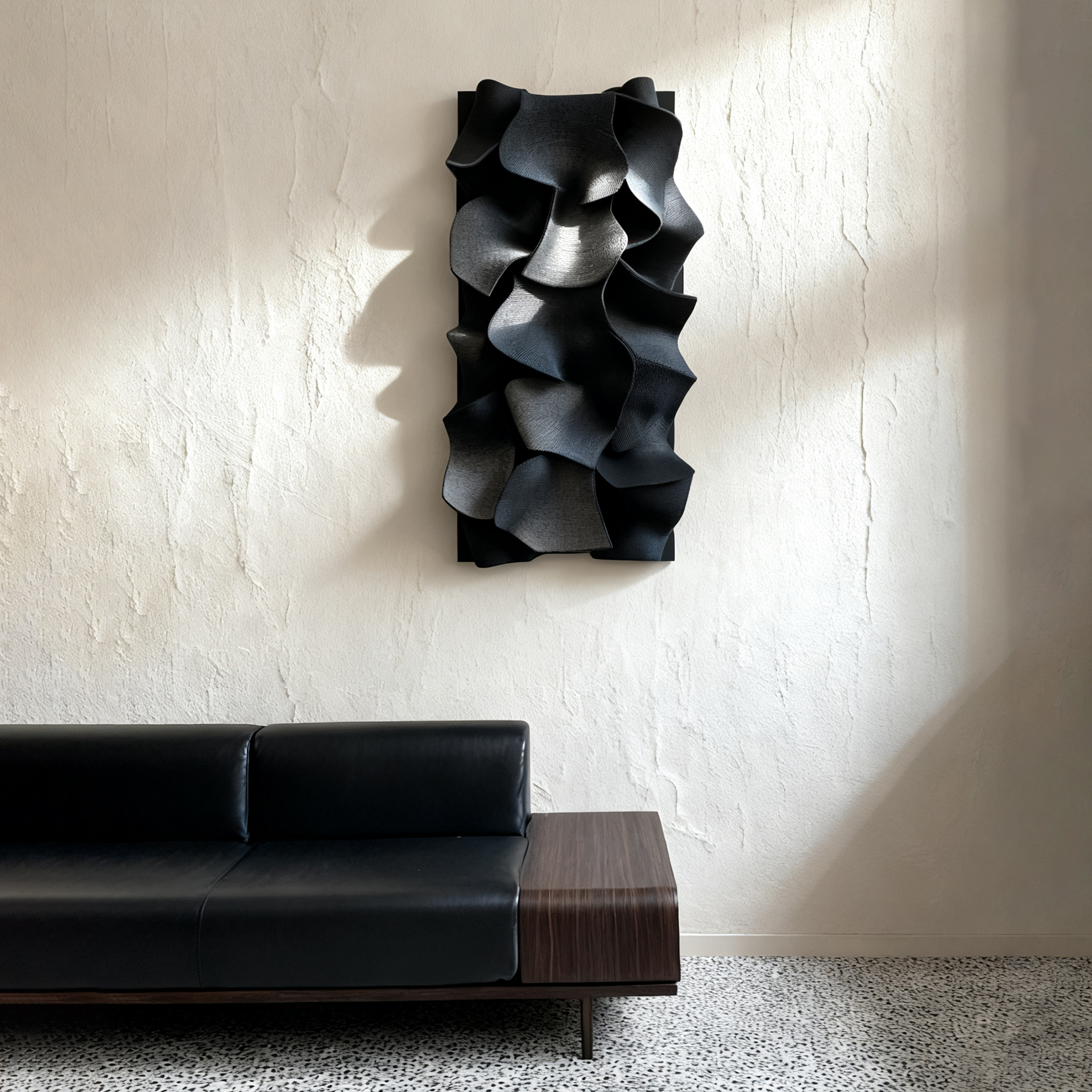 Black Leather 3D Wall Art Sculpture – Modern Textured Abstract Wall Decor for Living Room & Bedroom