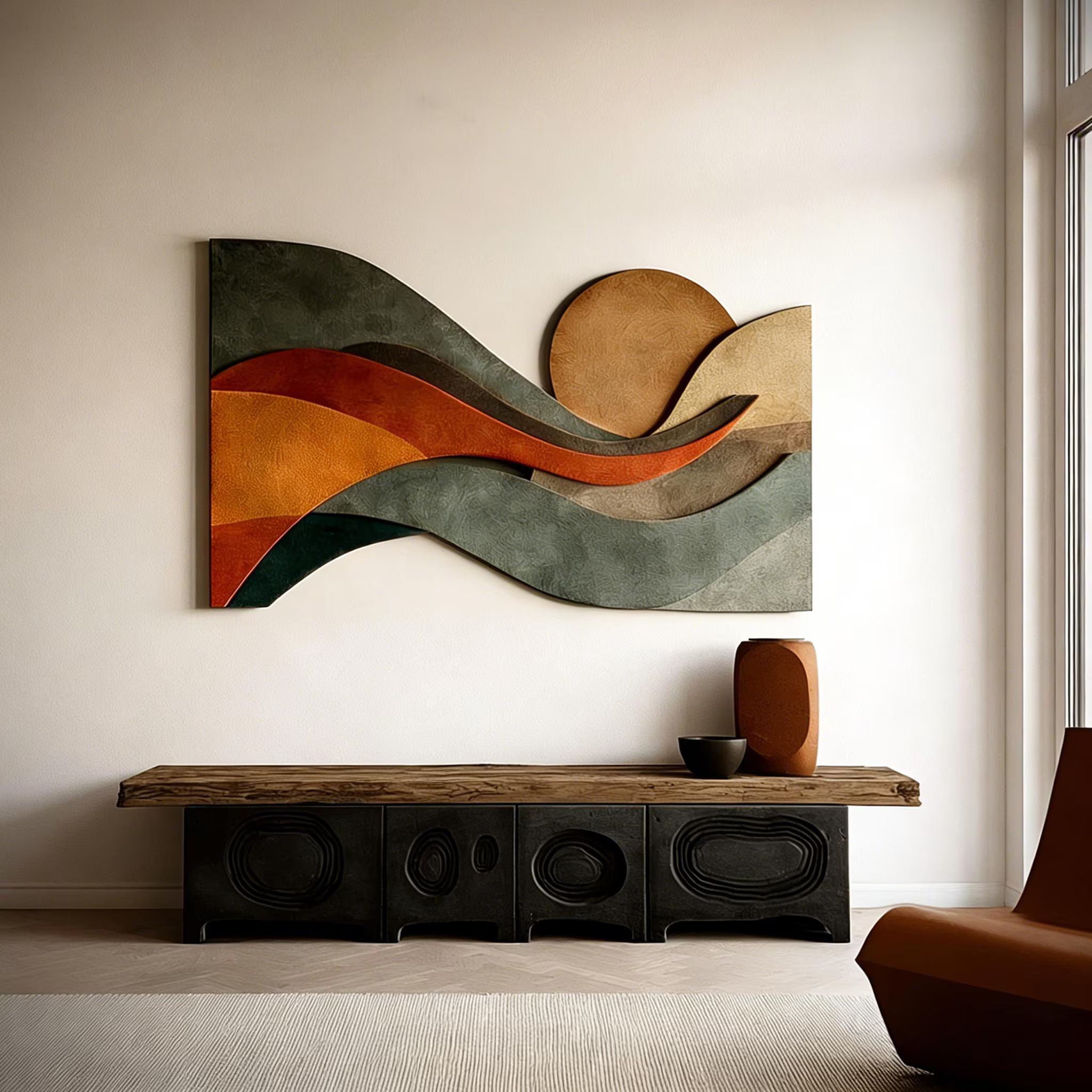 Large Abstract Wood Wall Art, Hand Carved Wooden Wall Decor, Mid Century Modern Wall Art, Boho Living Room Decor,Contemporary Wood Panel Art