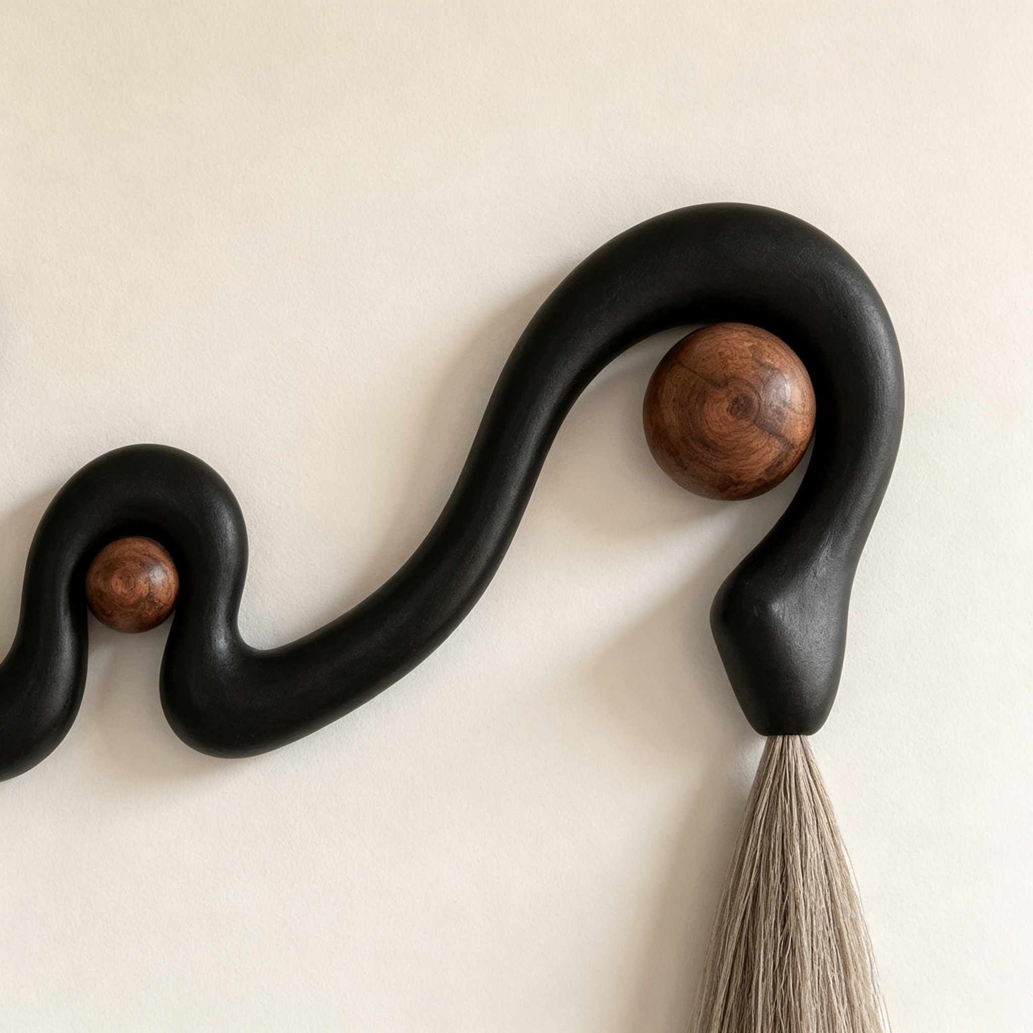 Abstract Wood Wall Art, Black Organic Modern Sculptural Decor with Tassels