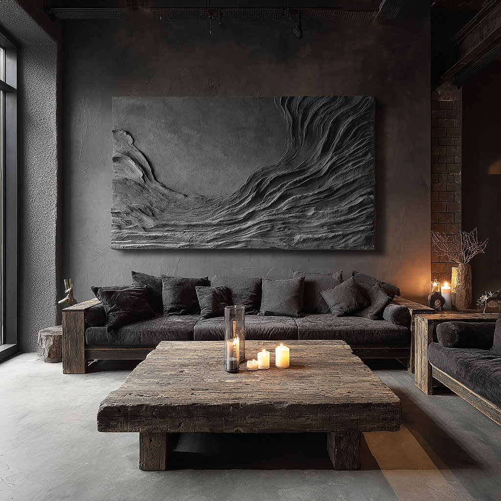 3D Abstract Wood Wall Art: Handmade Black Textured Sculpture