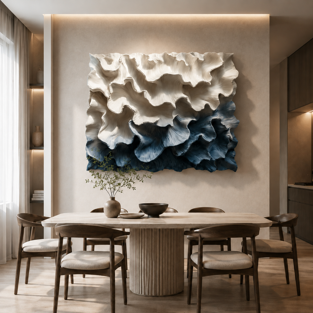 3D Wood Wall Art, Organic Modern Wall Sculpture, Blue Textured Wooden Artwork, Large Contemporary Decor