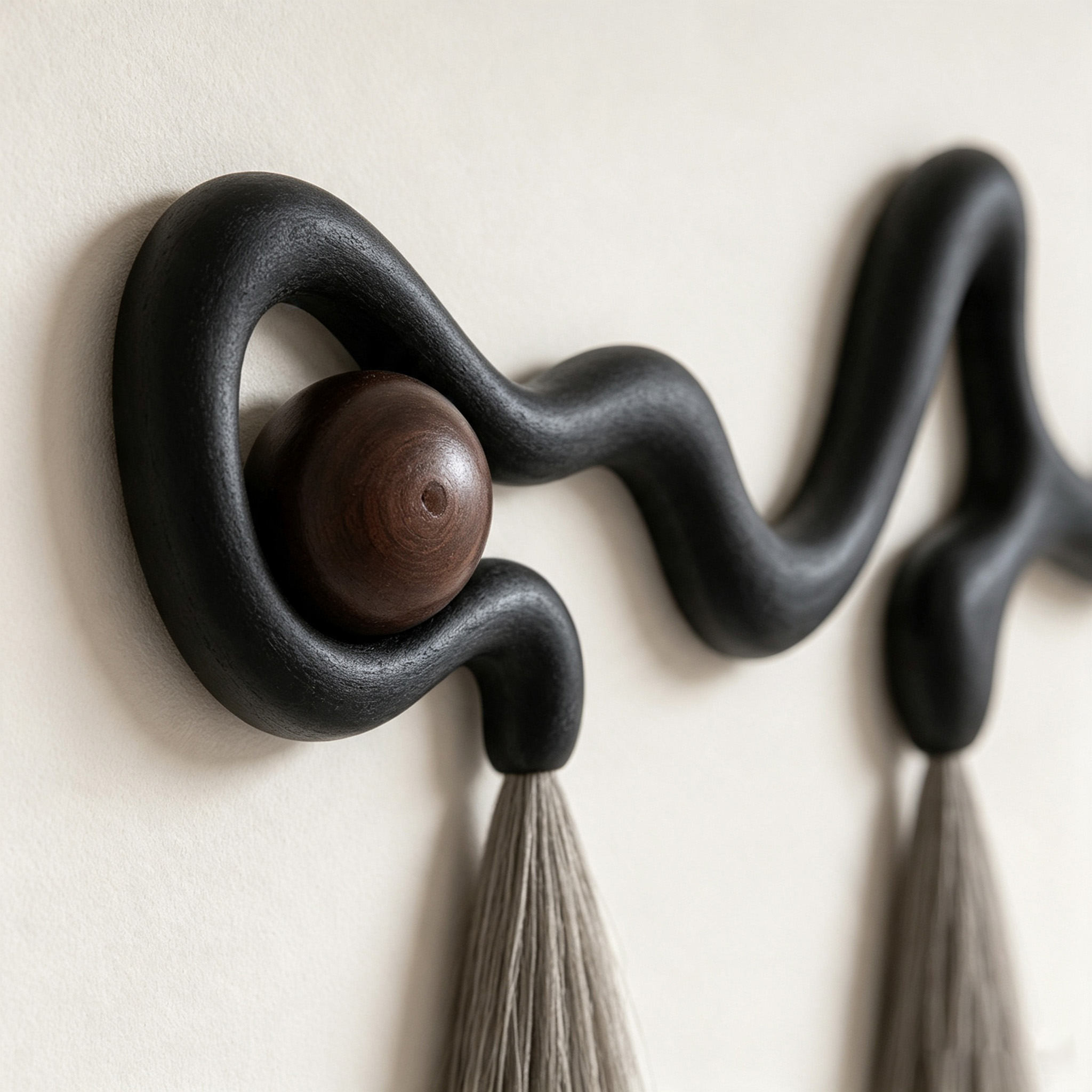 Sculptural Organic Wall Hanging | Dark Wood Wavy Art with Macrame Tassels & Beads | Abstract Boho Wall Decor | Modern Entryway Accent