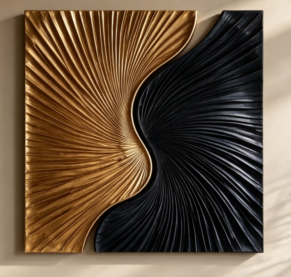 Black Gold Wood Wall Art, 3D Abstract Wood Sculpture, Organic Modern Textured Wall Decor, Luxury Statement Wall Art